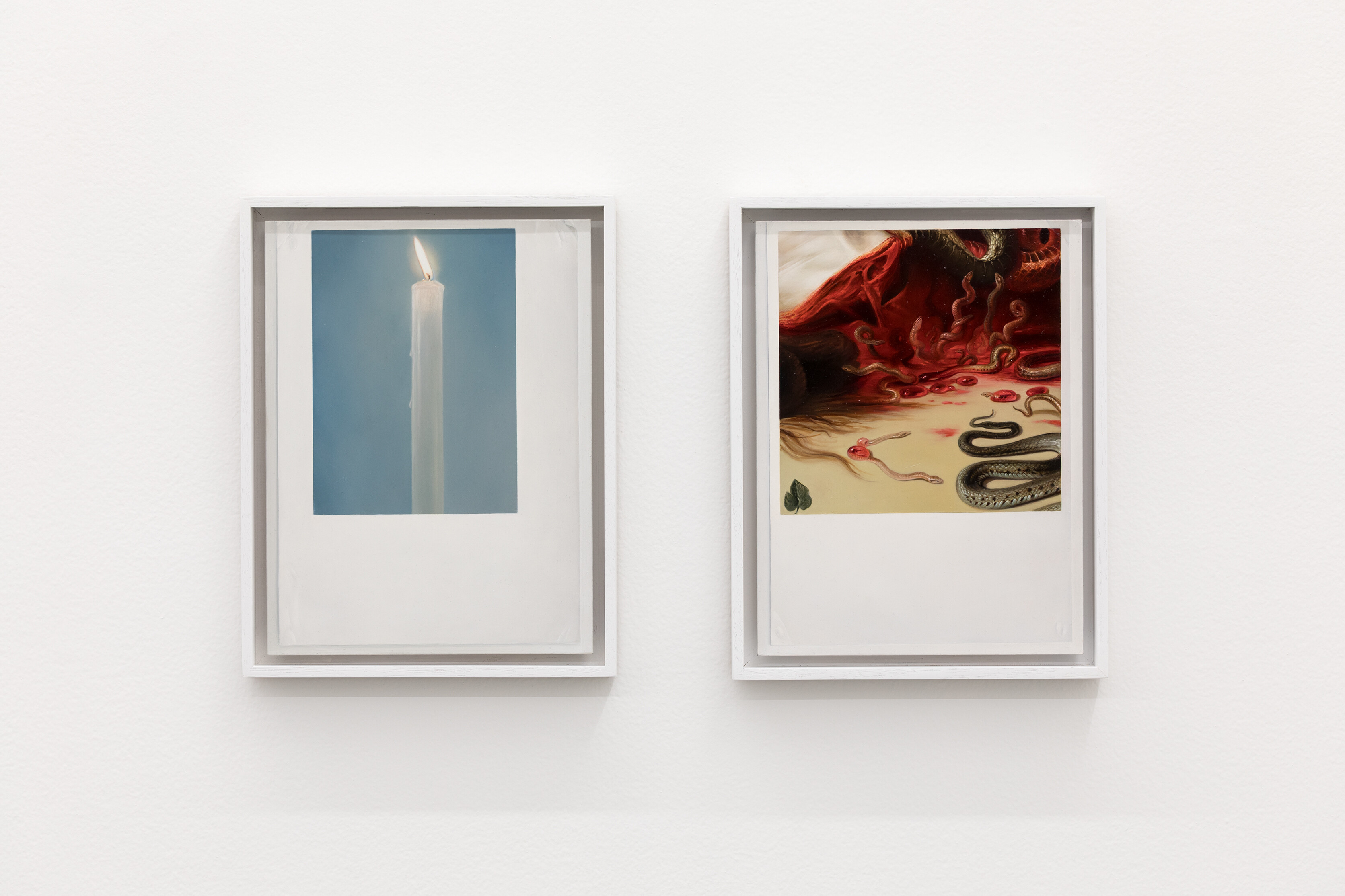 <p>Rachael Robb, <em>Diptych, printouts: candle and Reuben’s Medusa (neck detail)</em>, 2025, oil on gesso panel, two panels, 34 x 26.5 cm (framed, each). Photo: Andrew Curtis.</p>