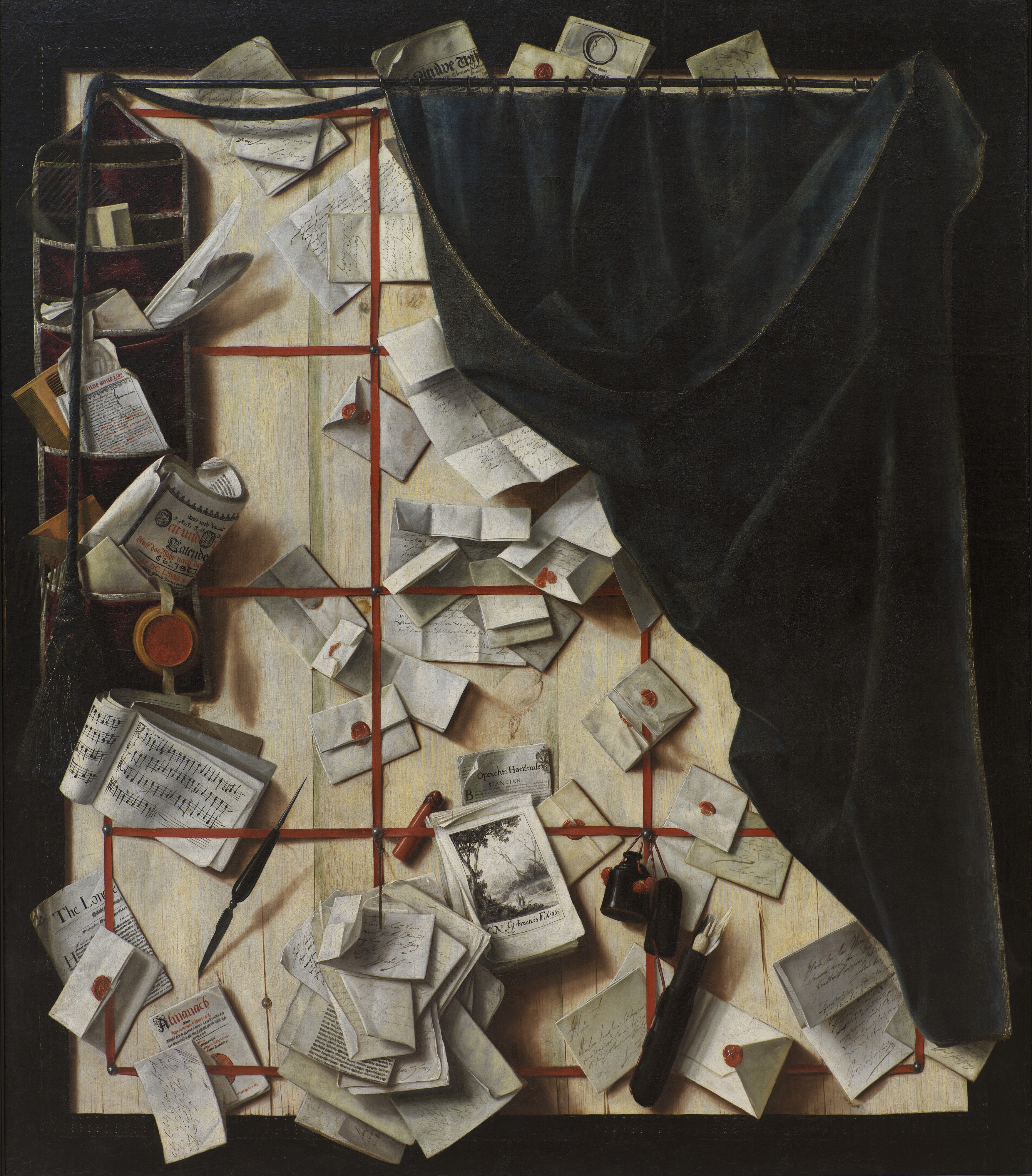 <p>Cornelis Norbertus Gijsbrechts, <em>Trompe l’oeil. Board Partition with Letter Rack and Music Book</em>, 1668, oil on canvas, 123.5 x 107 cm, National Gallery of Denmark, Copenhagen.</p>