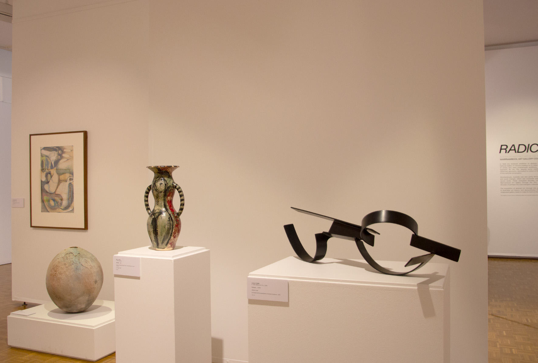Installation view of <em>Untitled</em> (1987) by Barry Tate, <em>Corvus</em> (1975) by Lenton Parr, and <em>A World Within a World</em> (1975) by Joan Cambell in <em>Radical: Australian Abstract Art of the 70s and 80s</em>, Warrnambool Art Gallery.