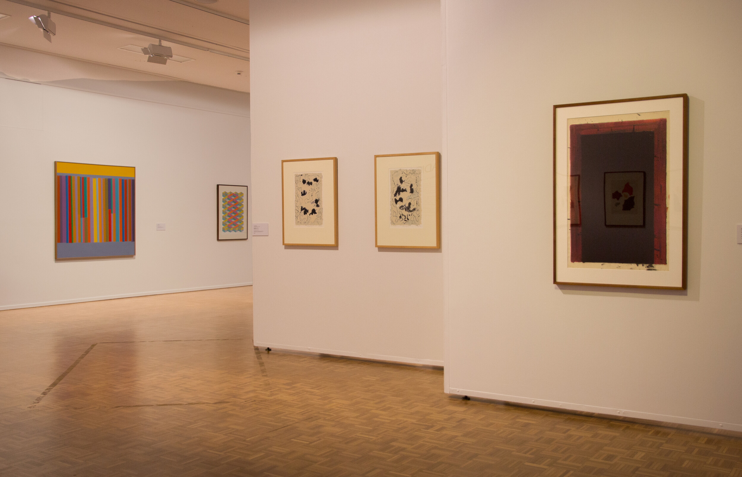 Installation view of <em>Stockade 1</em> (1974) by Cecil Hardy, <em>Blackheath I and II</em> (1979) by John Peart, and Untitled (1971) by Peter Booth in Radical: Australian Abstract Art of the 70s and 80s, Warrnambool Art Gallery.