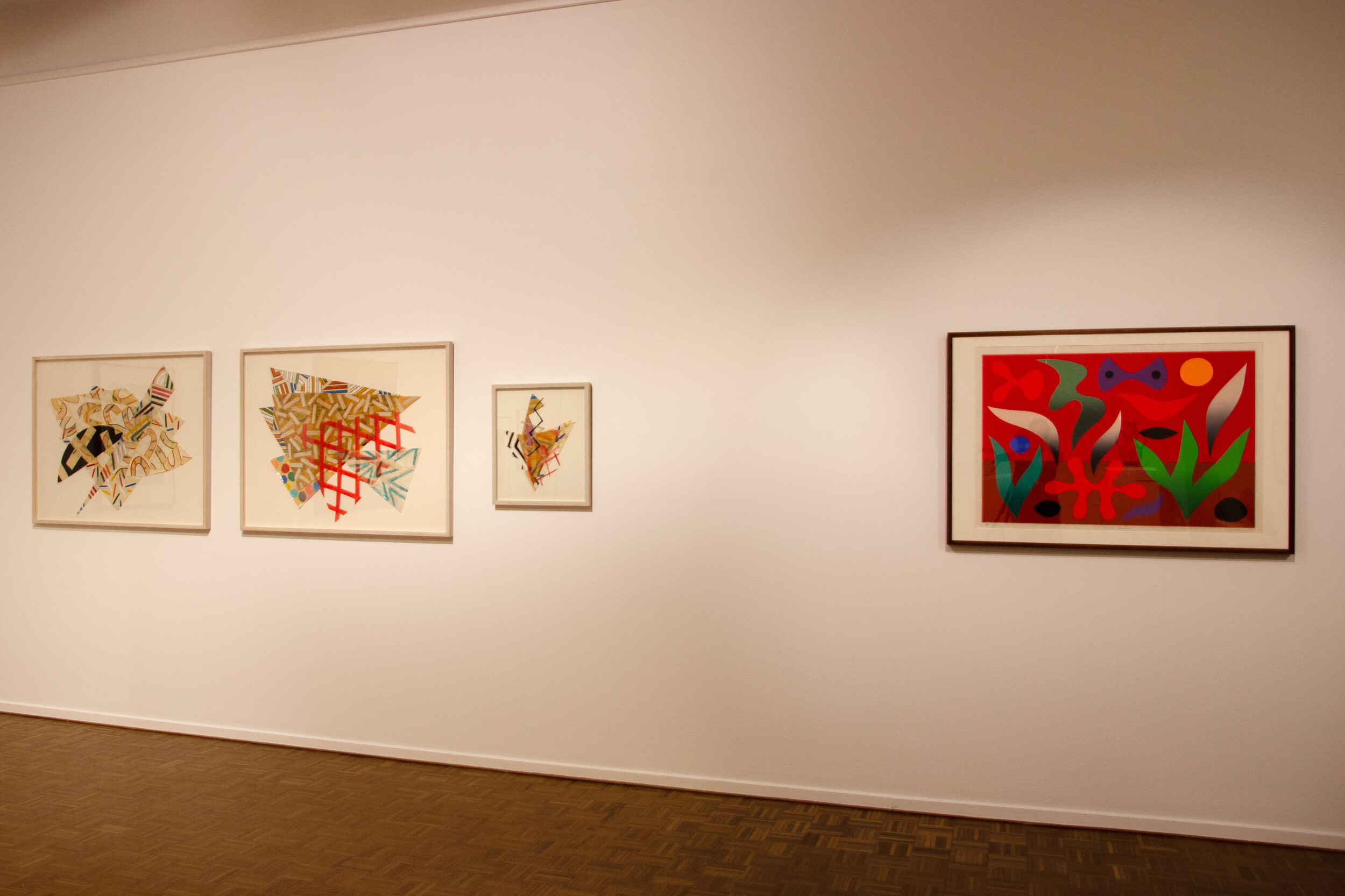 Installation view of <em>Radical: Australian Abstract Art of the 70s and 80s</em>,<br />
featuring Summer Garden by John Coburn and Shaped series #1, Shaped series #2 and Untitled (Shaped 2) by Elizabeth Gower, Warrnambool Art Gallery.