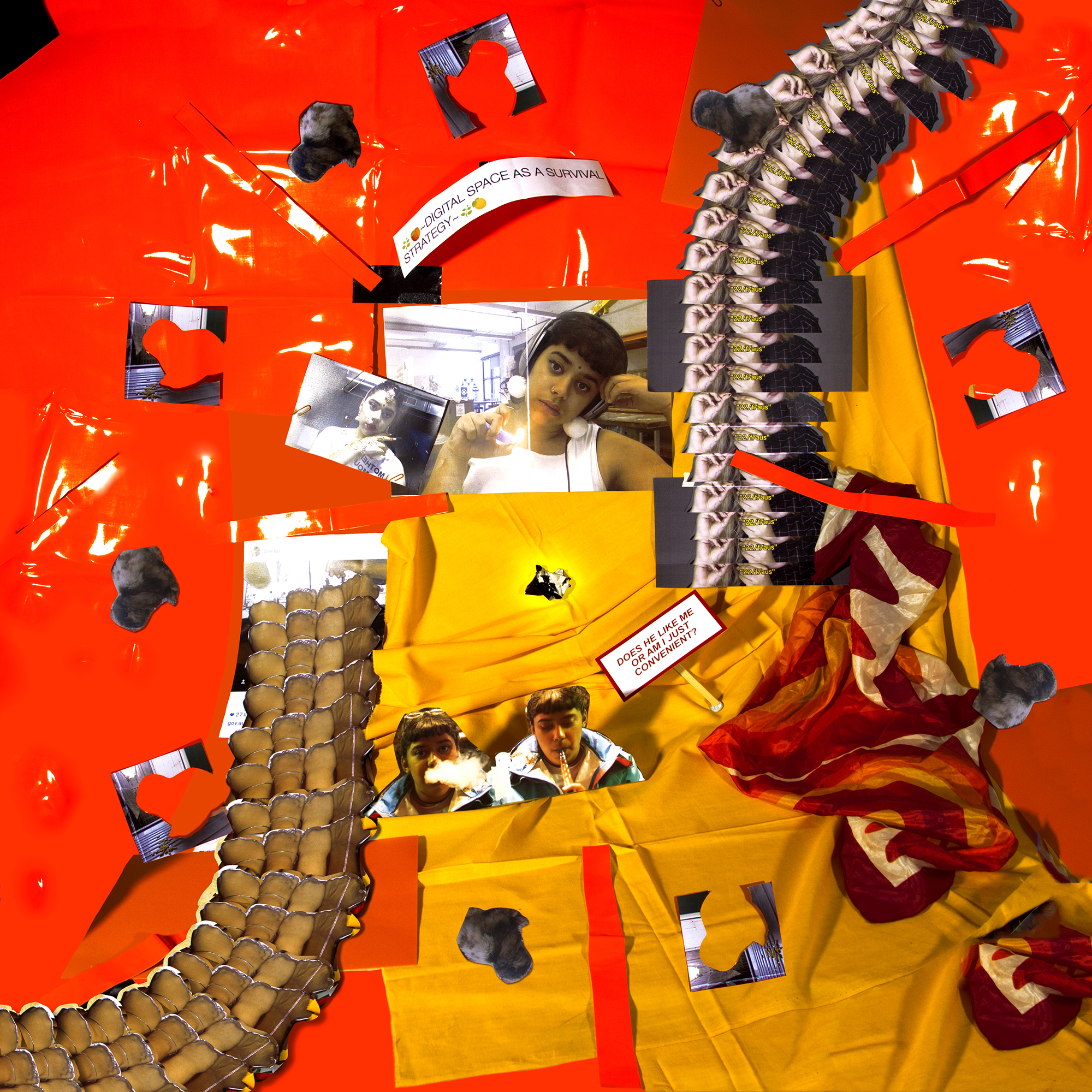 <em>Digital space as a survival strategy (everyone is orange)</em> 2018. Queen size doona cover, digital print on cotton pima, 210cm x 210cm. Collaboration with Sabella D’Souza. Courtesy the artist.