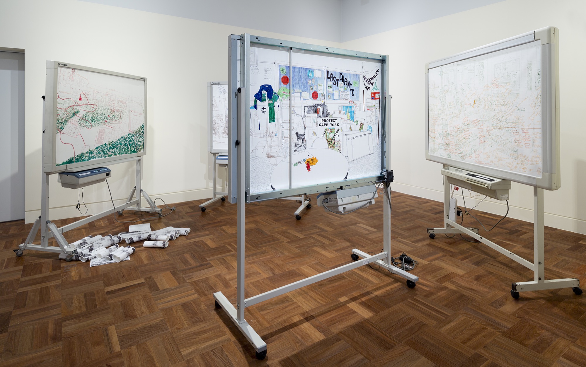 Raquel Ormella, <em>Wild Rivers: Cairns, Brisbane, Sydney</em>, 2008, 4 whiteboards, thermal paper, Texta marker pens, dimensions variable. Monash University Collection. Purchased 2008. Photo: Christian Capurro.