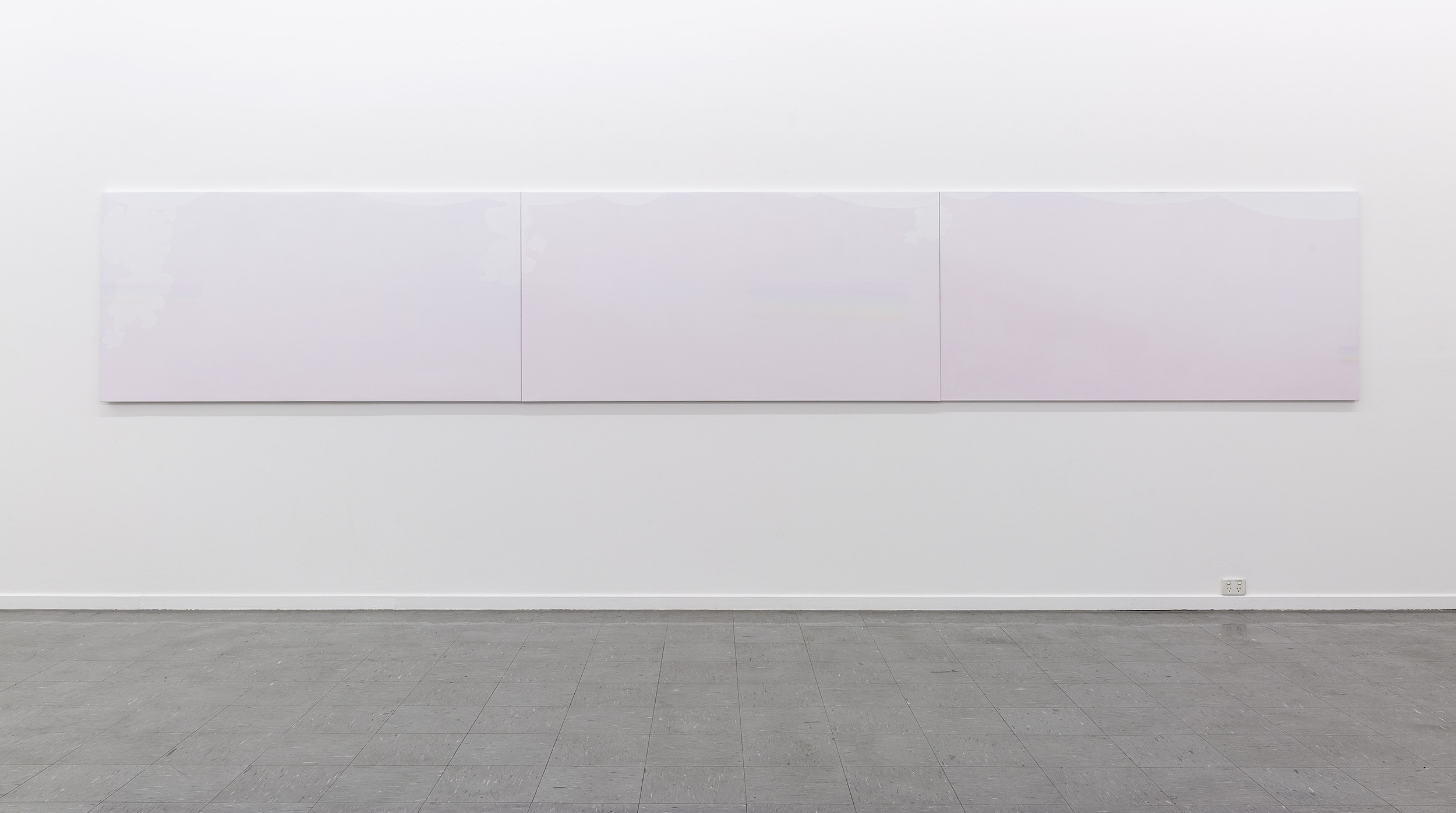Installation view, Rosslynd Piggott, “Realm-peripheral scenes” – <em>Pink wave, prism flicker, descending peonies</em>, 2021-22, oil on linen 100 x 600 cm (3 panels). Courtesy of the artist and Sutton Gallery, Melbourne. Photo: Christian Capurro