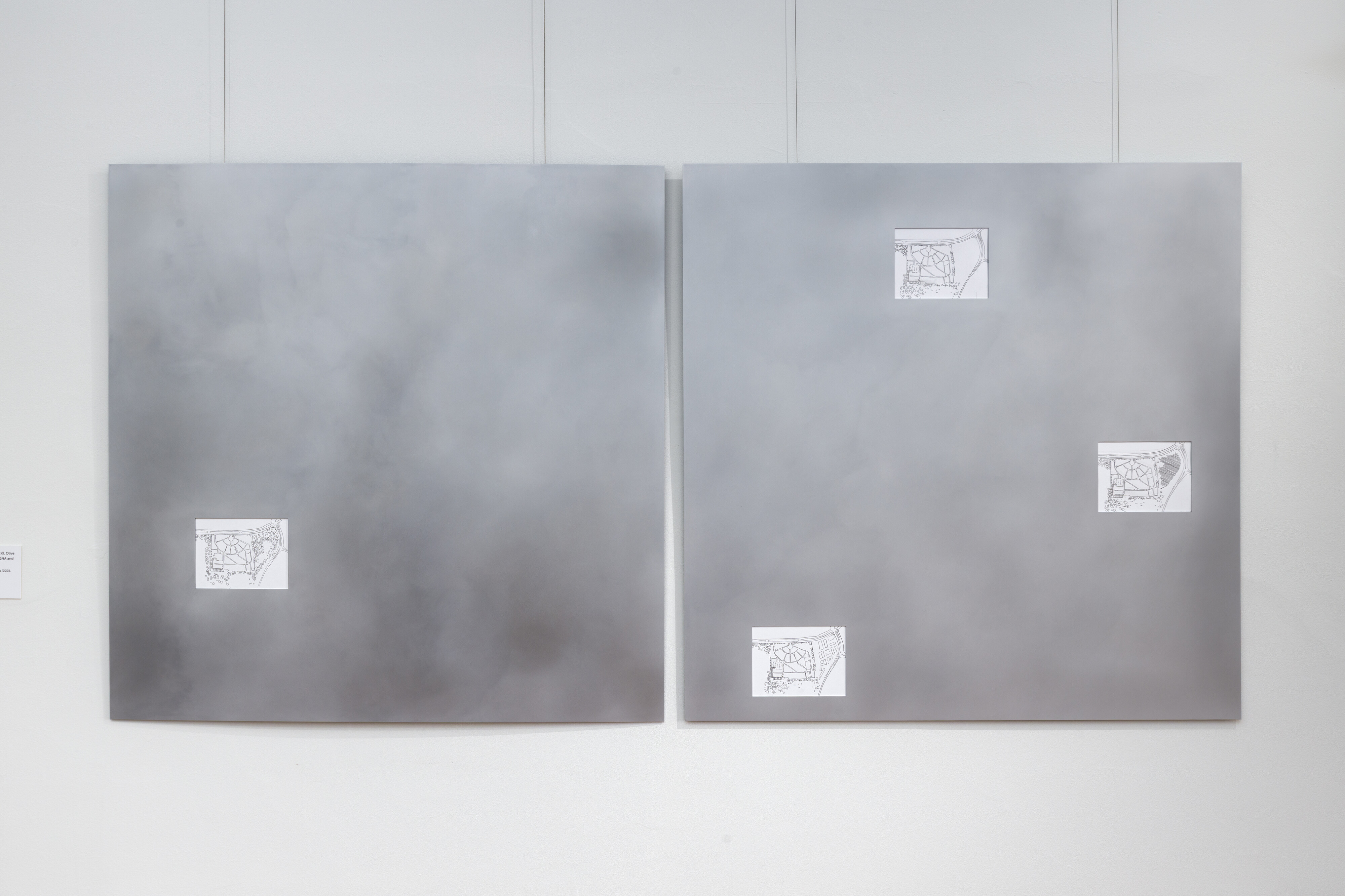 <p>Gabrielle Skye Nehrybecki, Olive Guardiani, Nina Nervegna and Felix Garner-Davis, <em>Time Series Satellite drawings (2021, 2024, 2026, 2050), </em>2026, carbon on paper, aluminum. Photo: James Henry&nbsp;</p>