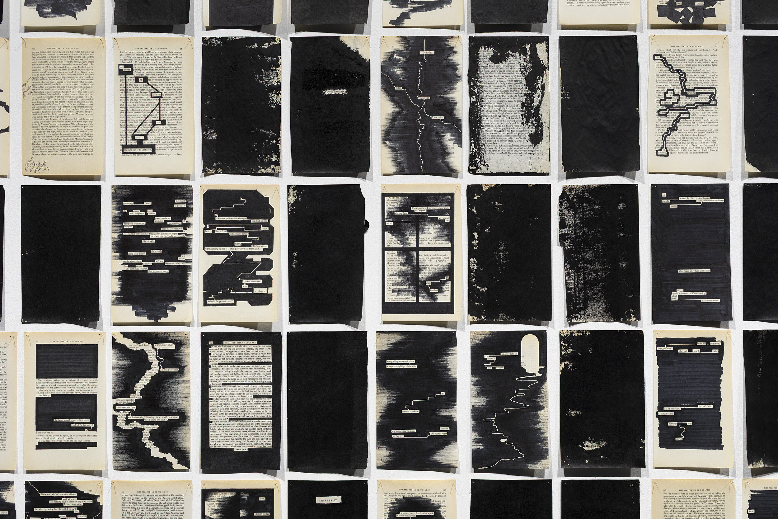 <p>Detail of Lewis Gittus, <em>The Mysteries of Udolpho</em>, 2025, 703 pages taken from two Oxford World’s Classics 1966 editions of Ann Radcliffe’s Gothic-romantic novel, <em>The Mysteries of Udolpho</em>, altered with permanent markers and water-based inks, Fiona and Sidney Myer Gallery, the University of Melbourne. Photo: Christian Capurro.</p>