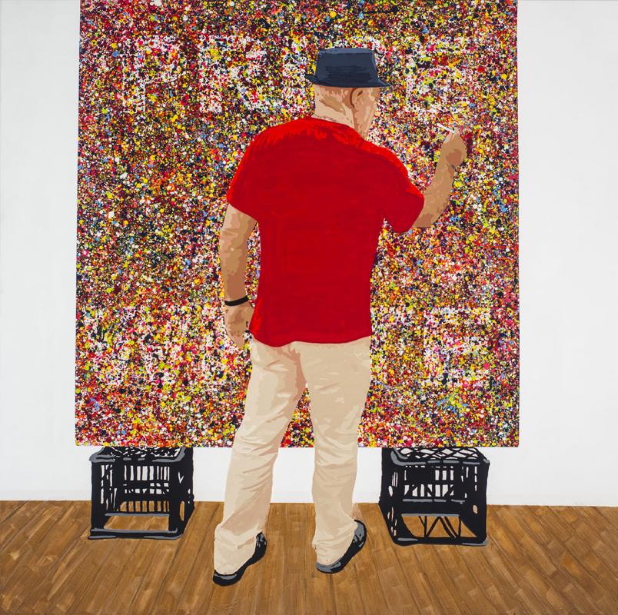 Richard Bell, <em>Working for the Man,</em> 2017, Acrylic on canvas, 150 x 150 cm. Collection of Paul and Sue Taylor, Brisbane.