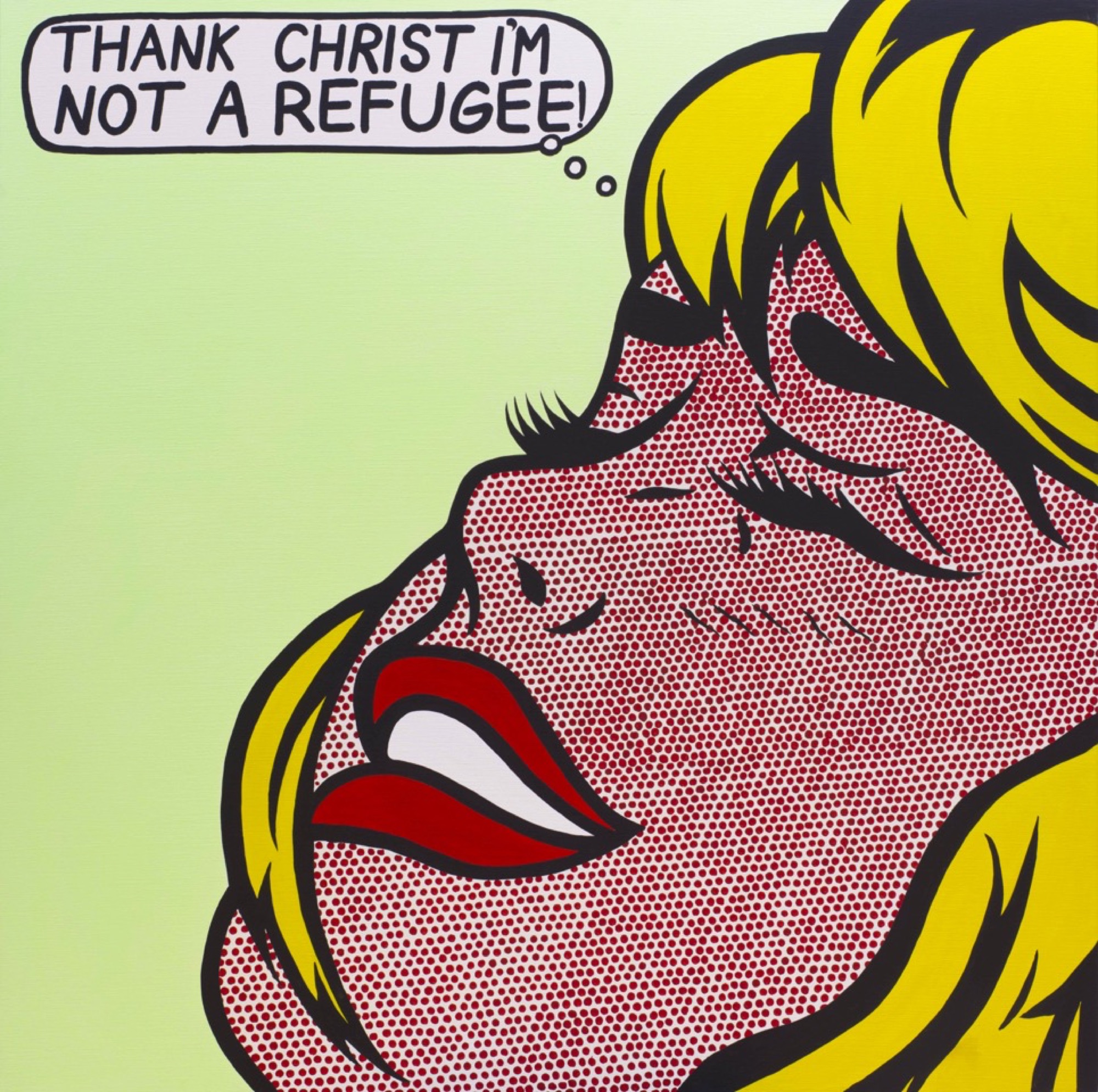Richard Bell, <em>Great Scott!,</em> 2016, Acrylic on linen, 150 x 150 cm. Collection of Amanda and Raymond Donato, Brisbane.