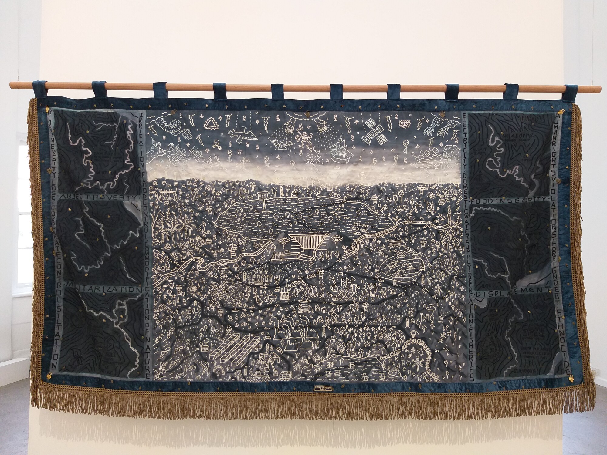 Foreground: Cian Dayrit, Blueprint of Dam as Sadistic Moment, 2022 (detail). Courtesy the artist. Installation view, 23rd Biennale of Sydney, rīvus, 2022, National Art School. Photography: Document Photography.