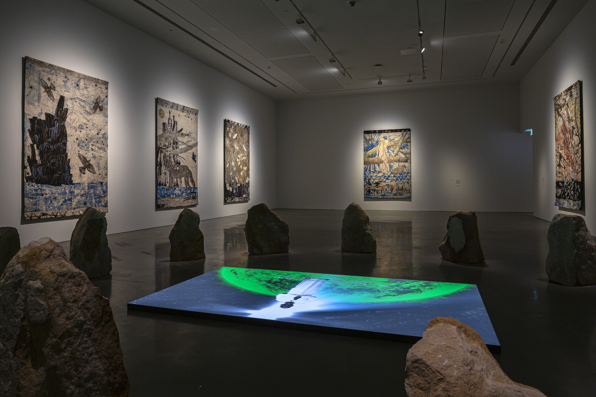 Foreground: Tabita Rezaire, Mamelles Ancestrales, 2019. Presentation at the 23rd Biennale of Sydney was made possible with generous assistance from the Embassy of France in Australia and L’Institut français. Courtesy the artist &amp; Goodman Gallery. Installation view, 23rd Biennale of Sydney, rīvus, 2022, Museum of Contemporary Art Australia. Photography: Document Photography. Background Left to Right: Kiki Smith, Harbor, 2015; Cathedral,2013; Spinners, 2014; Congregation, 2014; and Underground, 2012.  Presentation at the 23rd Biennale of Sydney was made possible with generous support from Goethe-Institut Australia. Courtesy of the artist &amp; Pace Gallery.