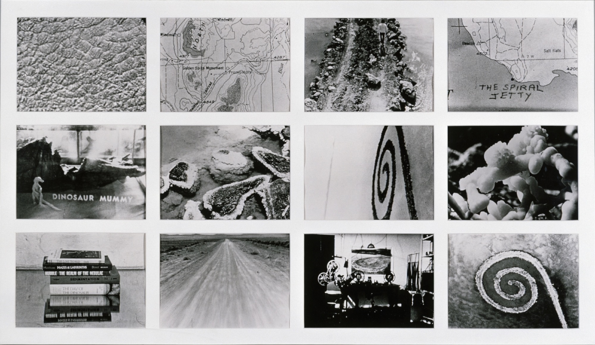 Robert Smithson, <em>Stills from the Spiral Jetty Film</em> 1970 (panel A), gelatin silver photographs, three panels: each with twelve photographs, each panel 66 x 111.8 cm; overall 66 x 345.4 cm. Collection: The National Museum of Art, Architecture and Design, Oslo, Norway. Photo: Morten Thorkildsen. © Holt-Smithson Foundation/VAGA. Licensed by Viscopy, 2017.