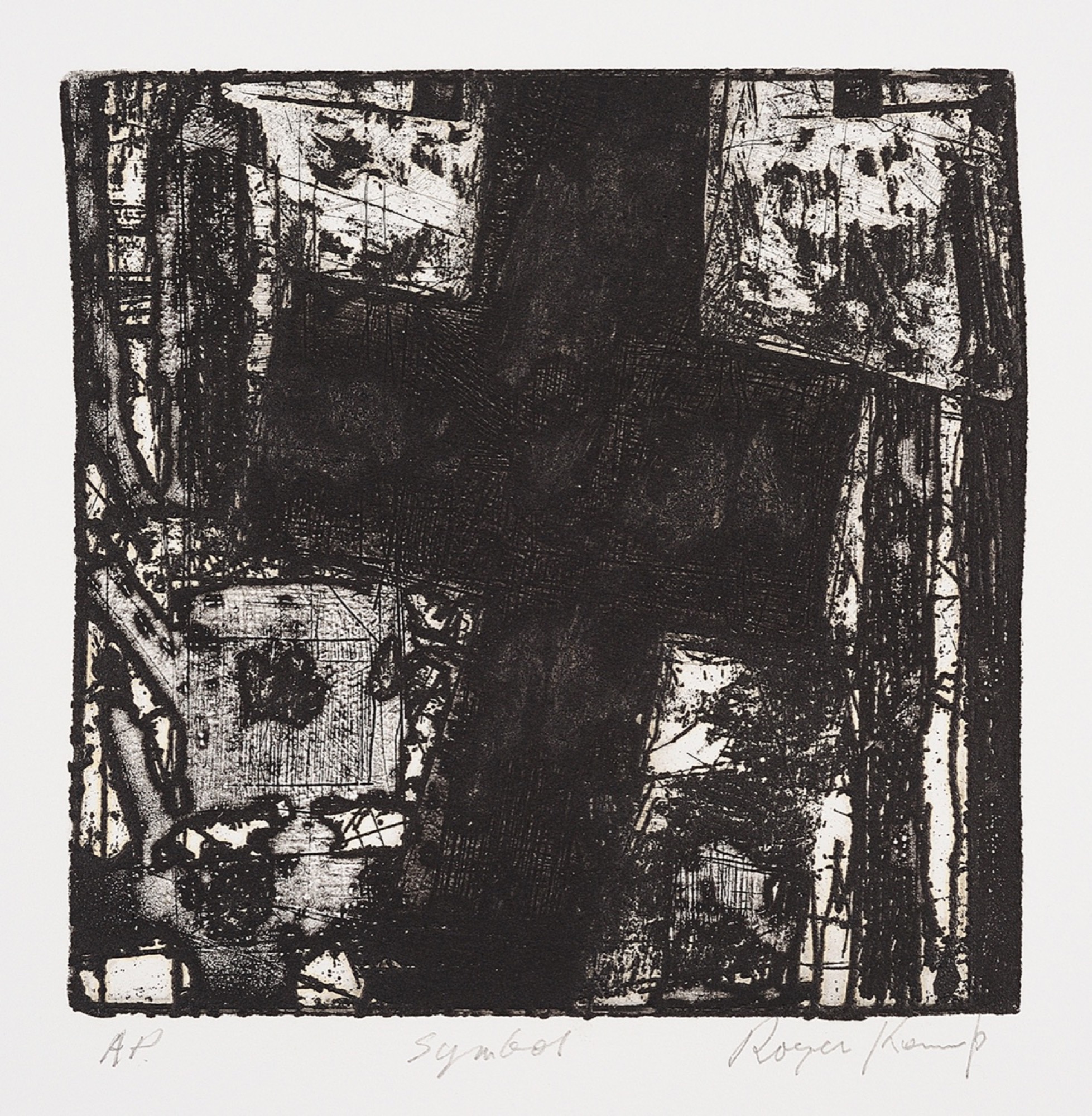 Roger Kemp, <em>Symbol</em>, 1972, etching on paper, 17.4 x 17.4 cm. Copyright Estate of Roger Kemp, Image courtesy Charles Nodrum Gallery