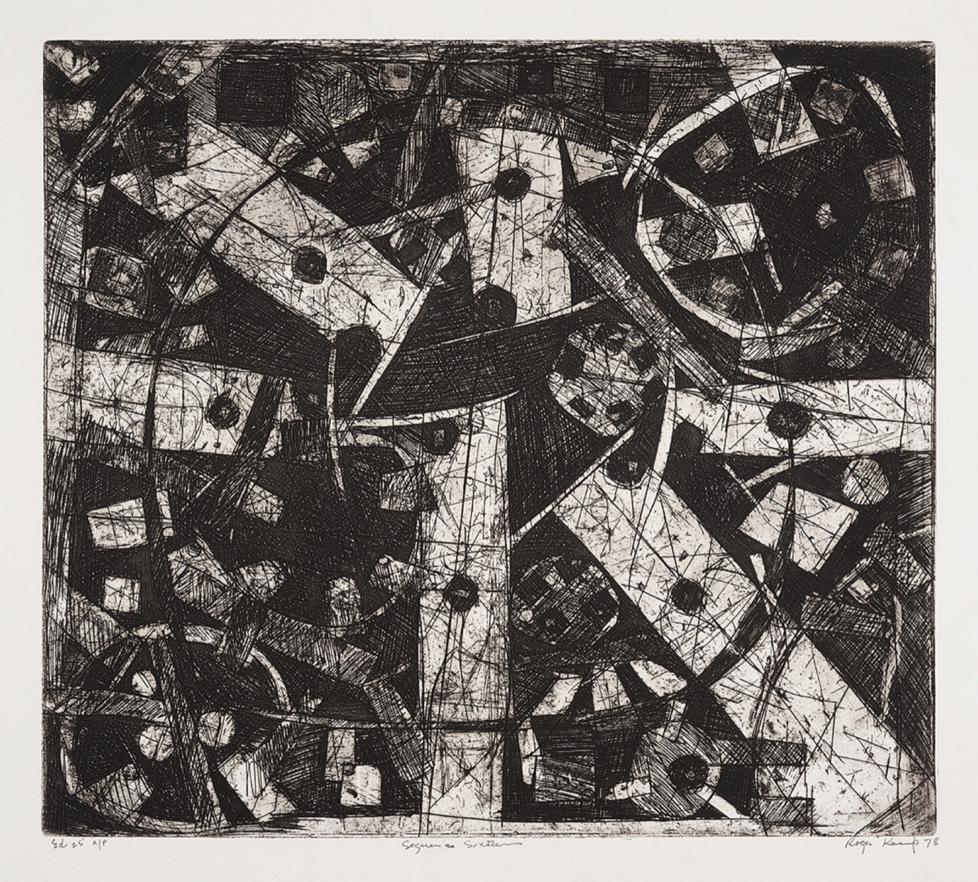 Roger Kemp, <em>Sequence Sixteen</em>, 1978, etching on paper, 45.3 x 50.4 cm. Copyright Estate of Roger Kemp, Image courtesy Charles Nodrum Gallery