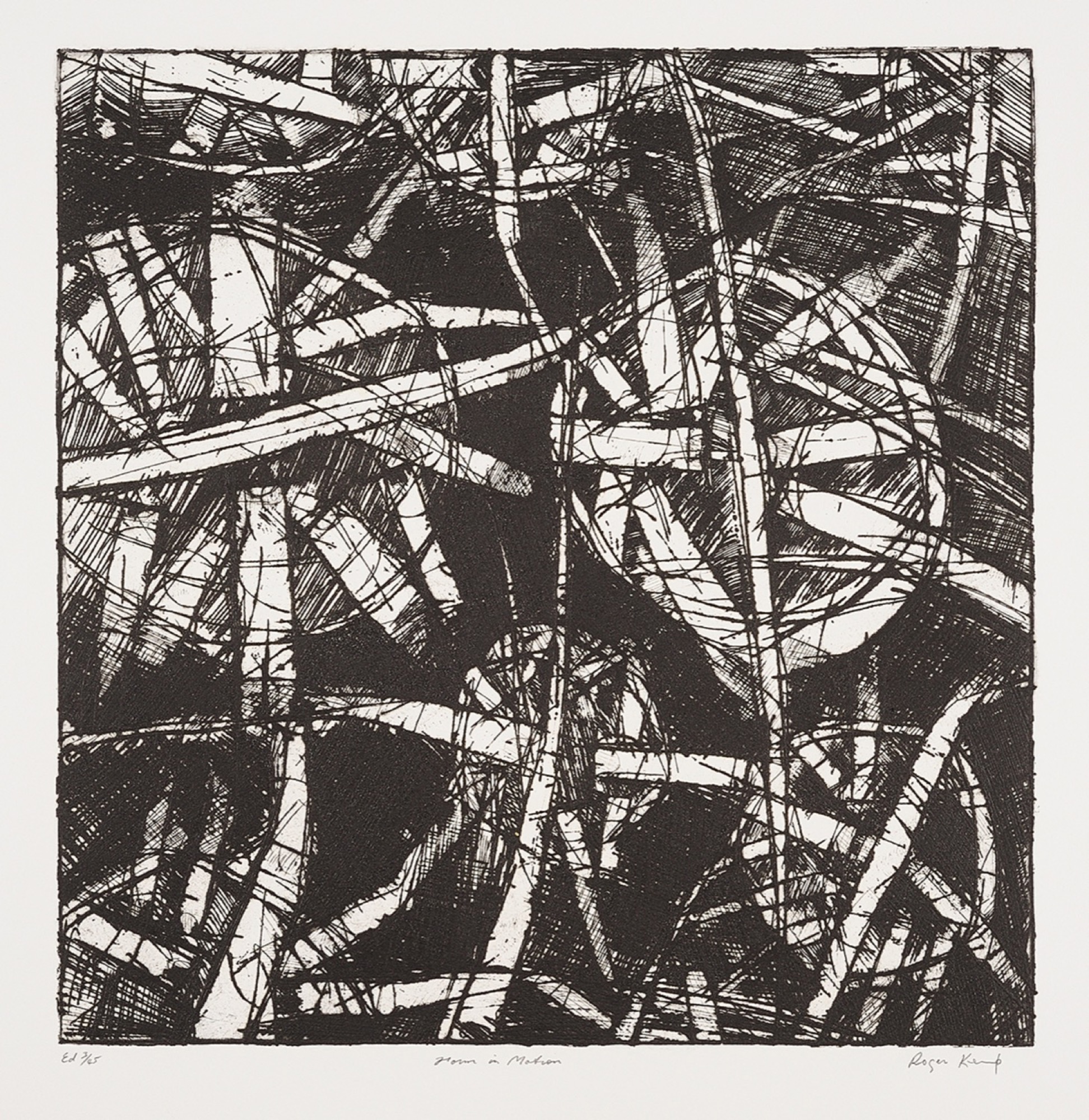 Roger Kemp, <em>Form in Motion</em>, c. 1973 – 1976, etching on paper, 49.8 x 48.8 cm. Copyright Estate of Roger Kemp, Image courtesy Charles Nodrum Gallery