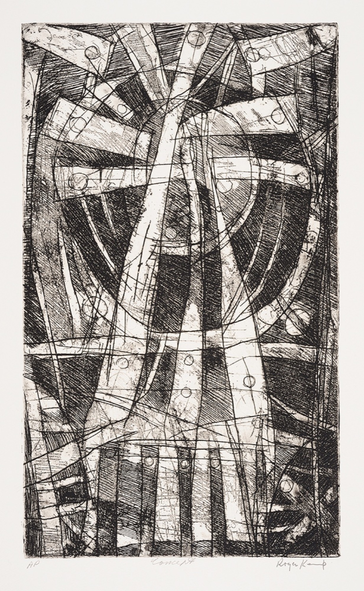 Roger Kemp, <em>Concept</em>, c. 1973 – 1974, etching on paper, 50.4 x 30.0 cm. Copyright Estate of Roger Kemp, Image courtesy Charles Nodrum Gallery
