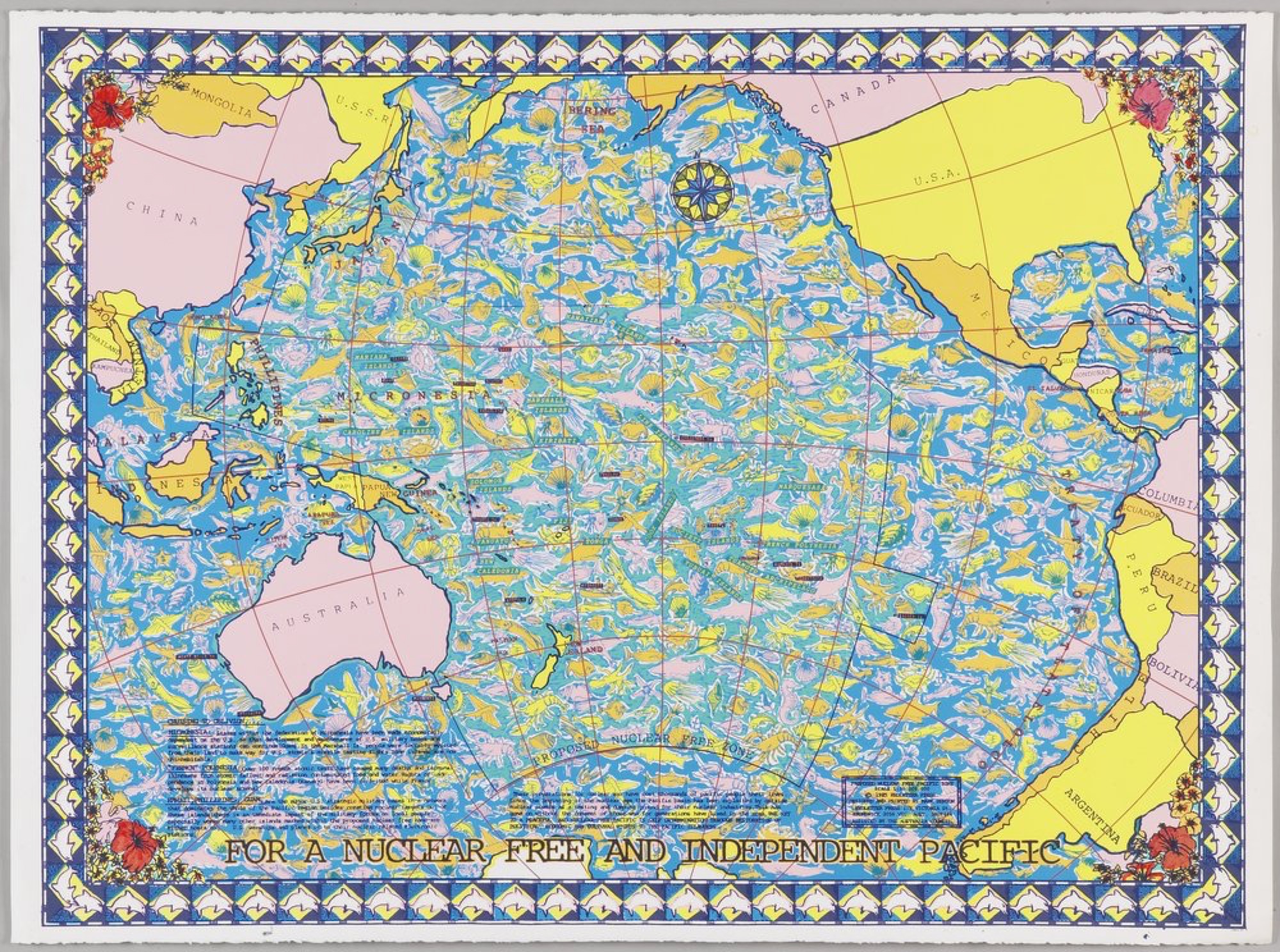 Mark Denton<br />
<em>For a nuclear free and independent Pacific</em>, 1985 colour screenprint.<br />
Courtesy of the State Library of Victoria