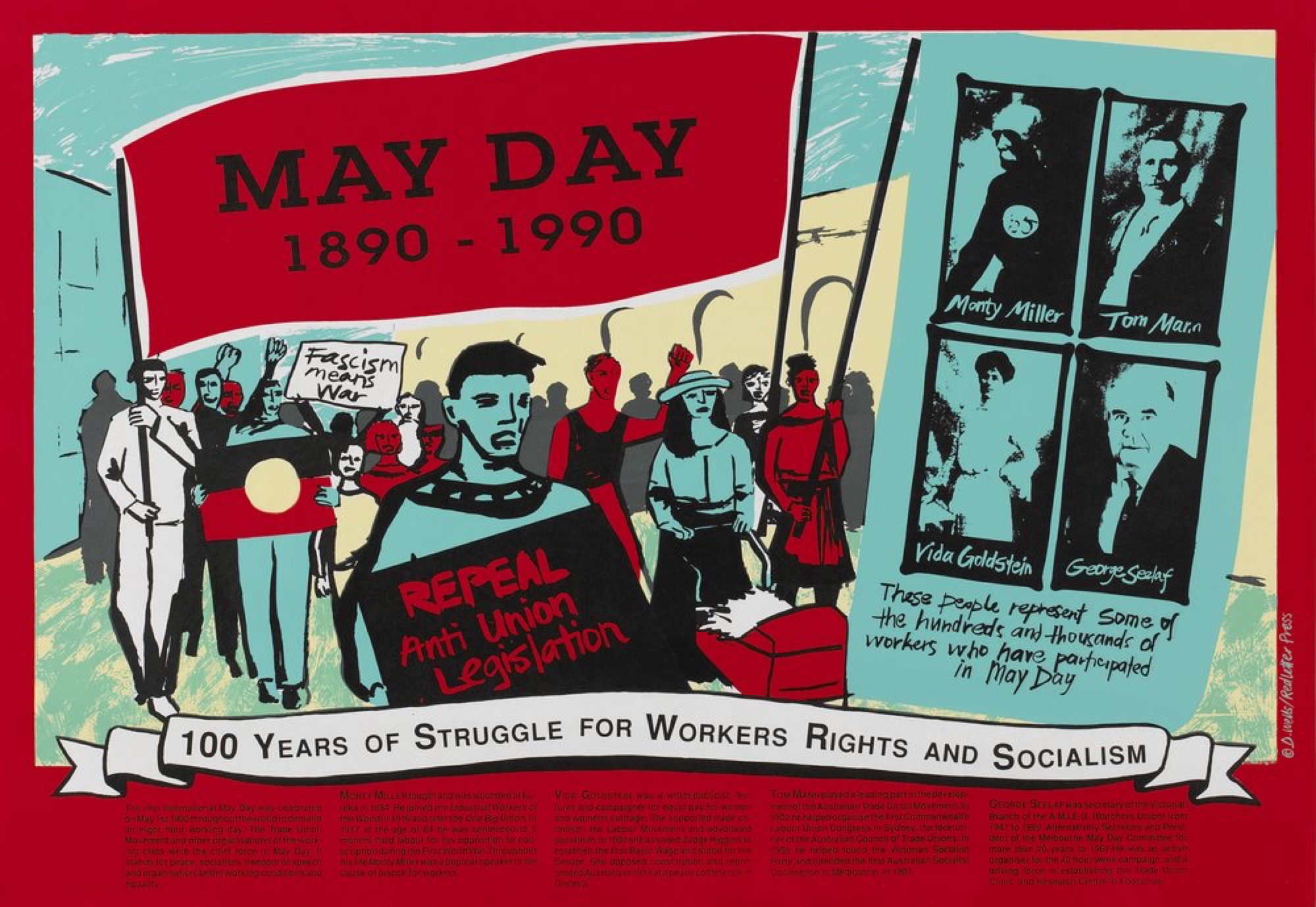 Dianna Wells <em>May Day 1890-1990. 100 years of struggle for workers rights and socialism</em>, 1990 colour screenprint.<br />
Courtesy of the State Library of Victoria