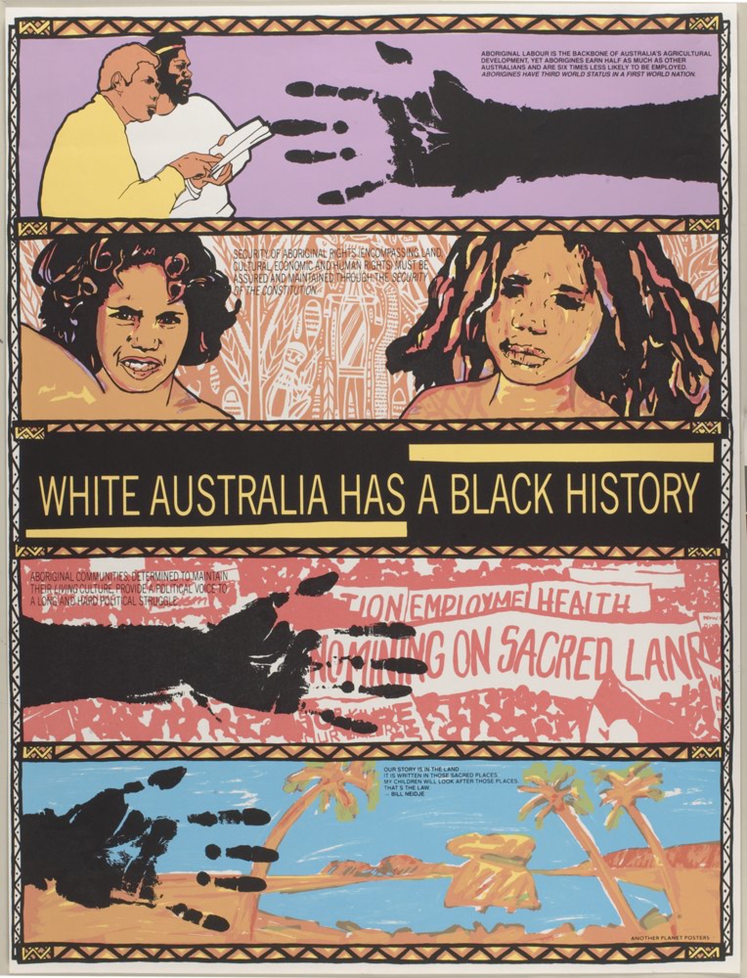 Colin Russell<br />
<em>White Australia has a black history</em>, 1987 colour screenprint.<br />
Courtesy of the State Library of Victoria