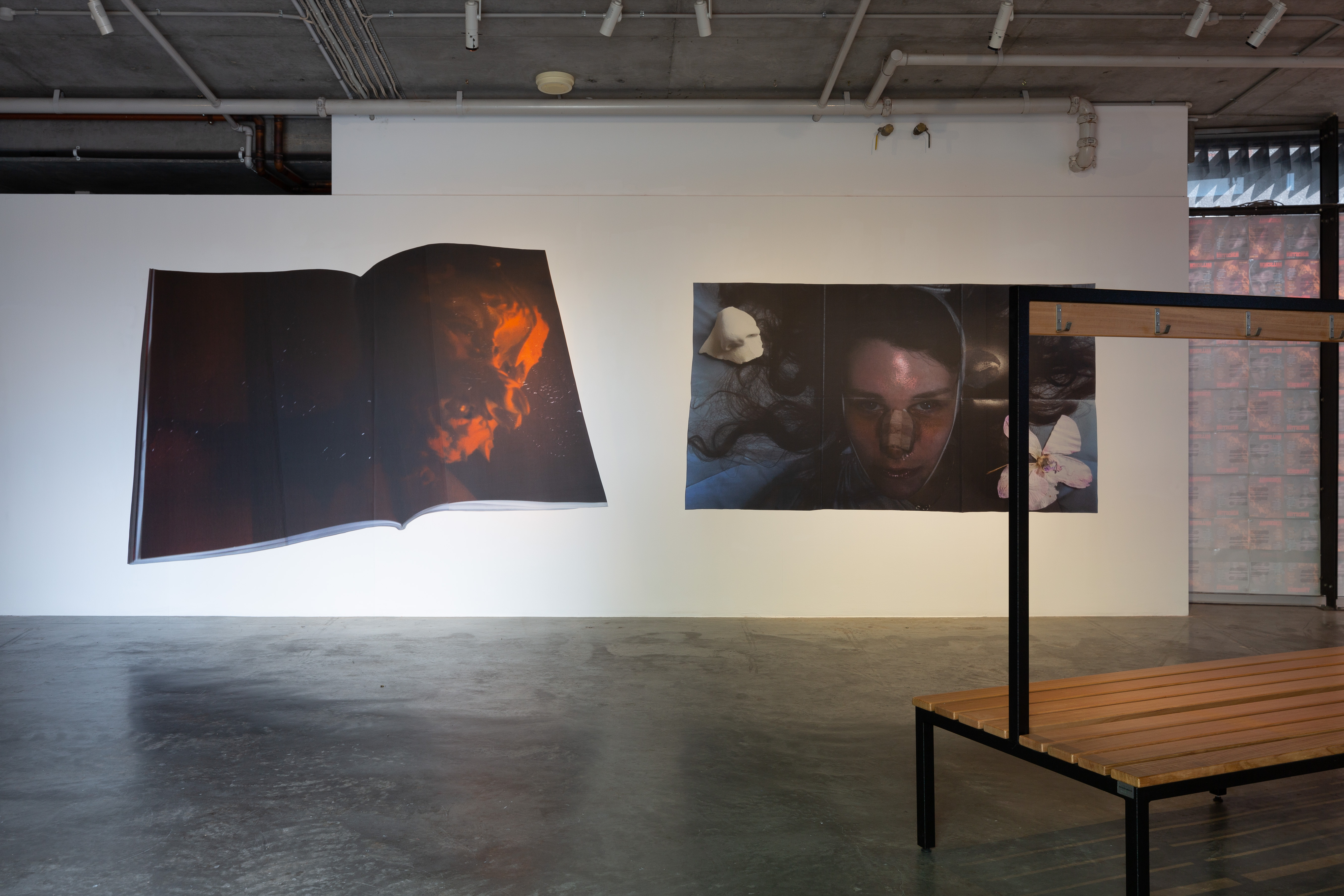 Install view: Chloe Corkran &amp; Athena Thebus, <em>In Dramatic Roles Such as These, </em>2022, wallpaper, 61 cm x 1.6 cm. Photography by Jek Maurer.