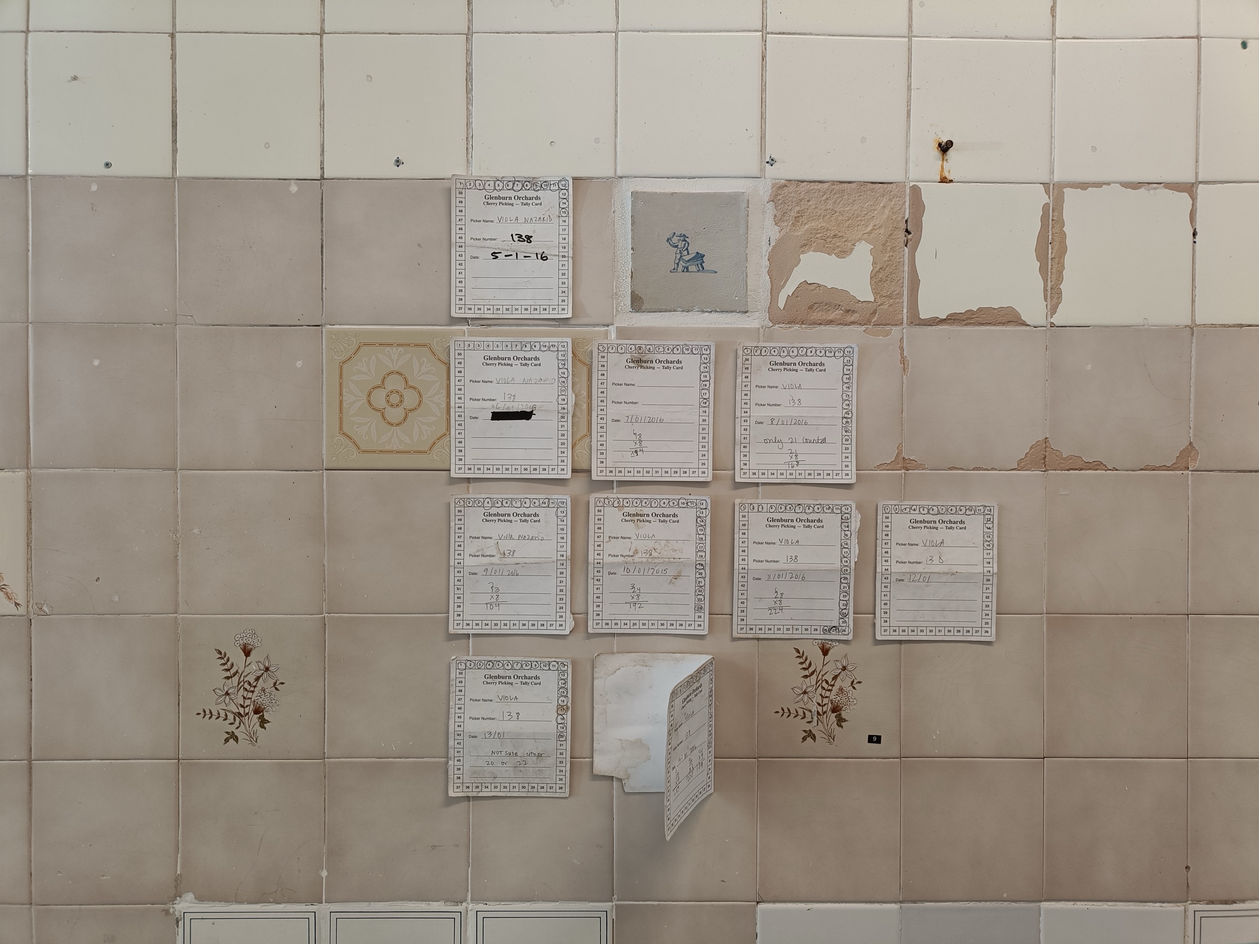 Detail of tally cards, Secret Cherry, 2024, paper, pen, permanent marker, Tiles Lewisham, Sydney. Photo courtesy of the gallery.