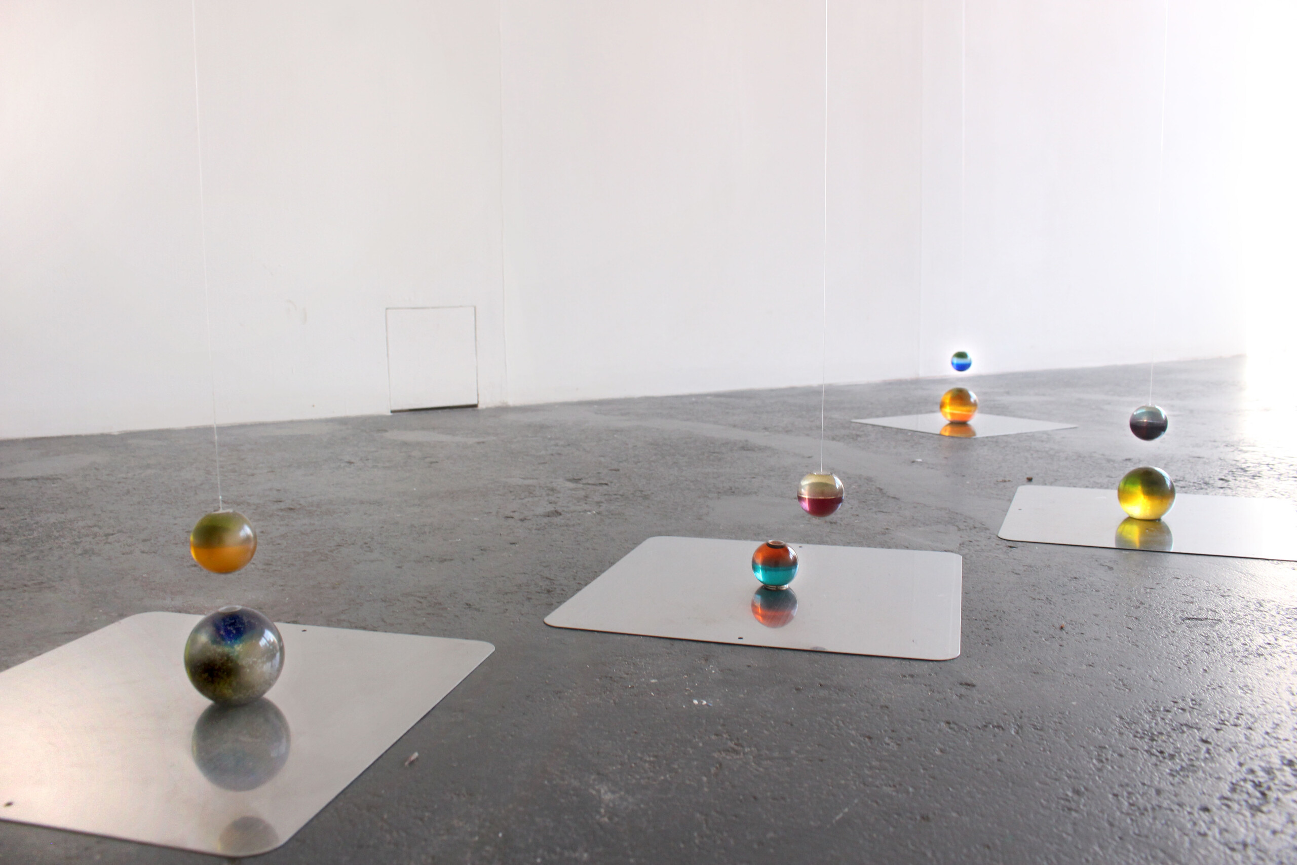 Installation view of Gabriella D’Costa, <em>Motion Holders</em>, 2022, resin, stainless steel and thread, Blindside ARI, Melbourne. Photo: Courtesy of the artist