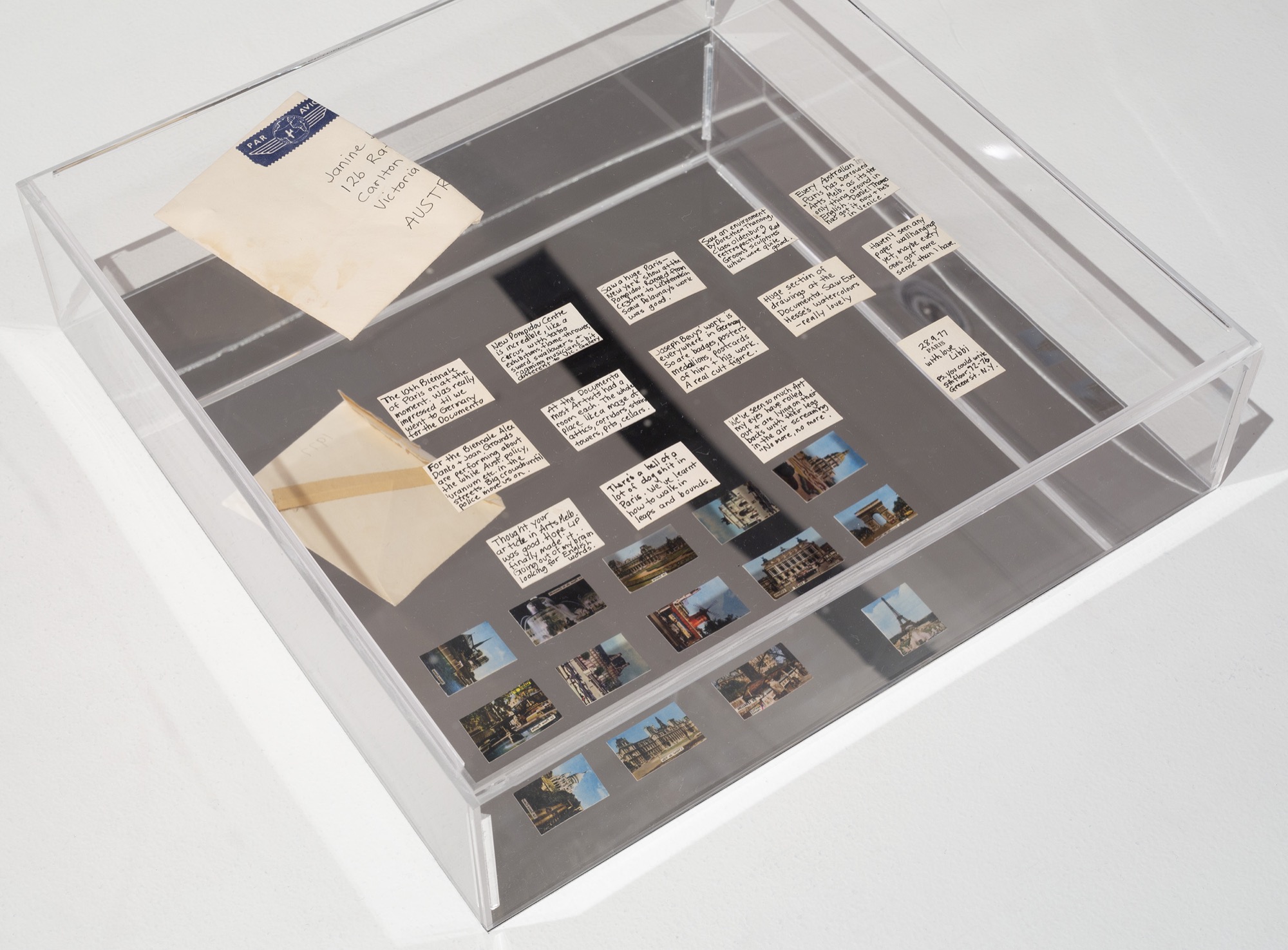 <em>Serial</em>, installation view, McClelland Sculpture Park + Gallery, Langwarrin, 2019. Elizabeth Gower, <em>Postcard work</em> 1977, 14 cut postcards, 3.5 x 2.2 cm each approx. Collection of McClelland Sculpture Park + Gallery. Photo: Christian Capurro.