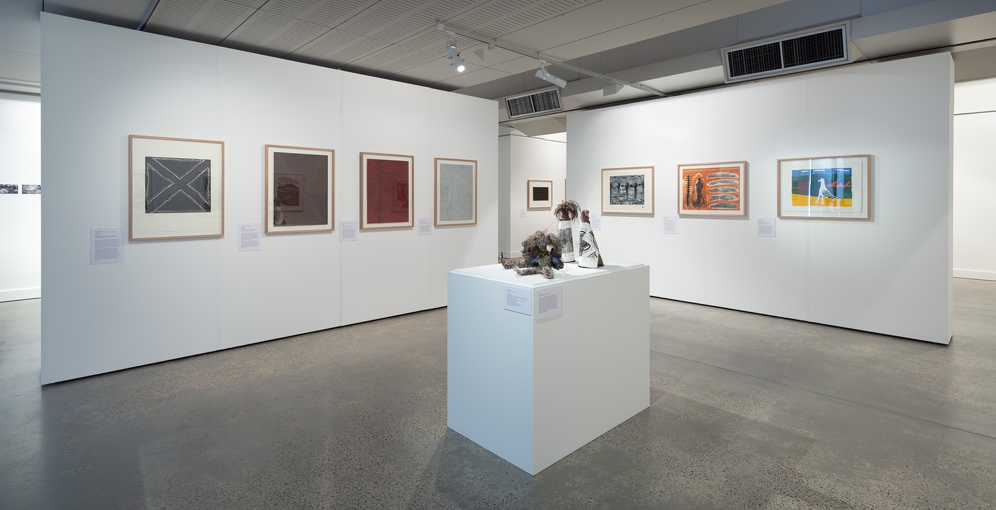 <em>Serial</em>, installation view, McClelland Sculpture Park + Gallery, Langwarrin, 2019. Rover Thomas, <em>Crossroads</em> 1997, Gloria Tamerre Petyarre, <em>Arnkerrthe</em> 1997, Ada Bird Petyarre, <em>Awelye</em> 1997, Robert Ambrose Cole, <em>Spirit II</em>, n.d (estate print 1998). Lisa Waup, <em>Ancestors</em> 2018, Queenie McKenzie, <em>Mingmarriya</em> 1997, Judy Watson, <em>Red Rock</em> 1998, Ginger Riley, <em>Munduwalawala Ngak Ngak</em> 1997. Photo: Christian Capurro.