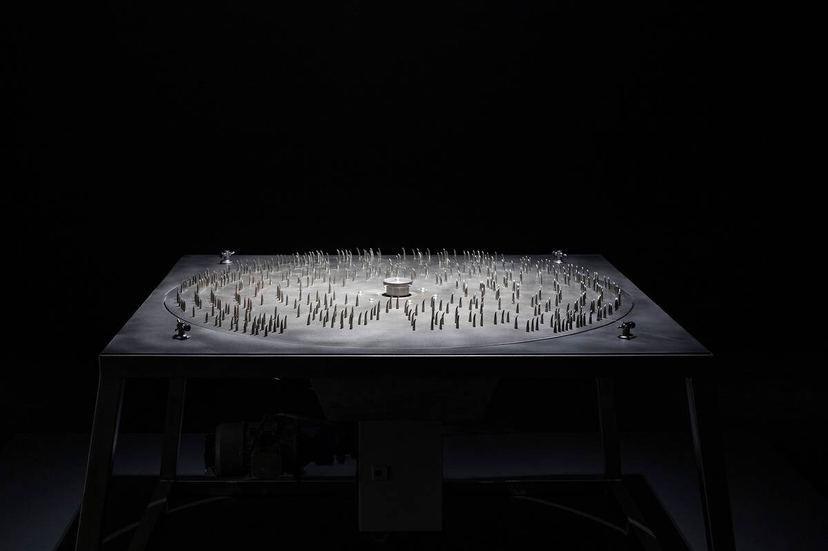 <p>Warraba Weatherall, <em>Dirge</em>, 2023, installation view, Museum of Contemporary Art Australia, Sydney, 2025, steel, aluminium, motor, electrical components, sound, National Gallery of Victoria, Melbourne, purchased with funds donated by Country Road for the Country Road + NGV First Nations Commissions, 2024, image courtesy the artist and Museum of Contemporary Art Australia © the artist, photograph: Jessica Maurer</p>