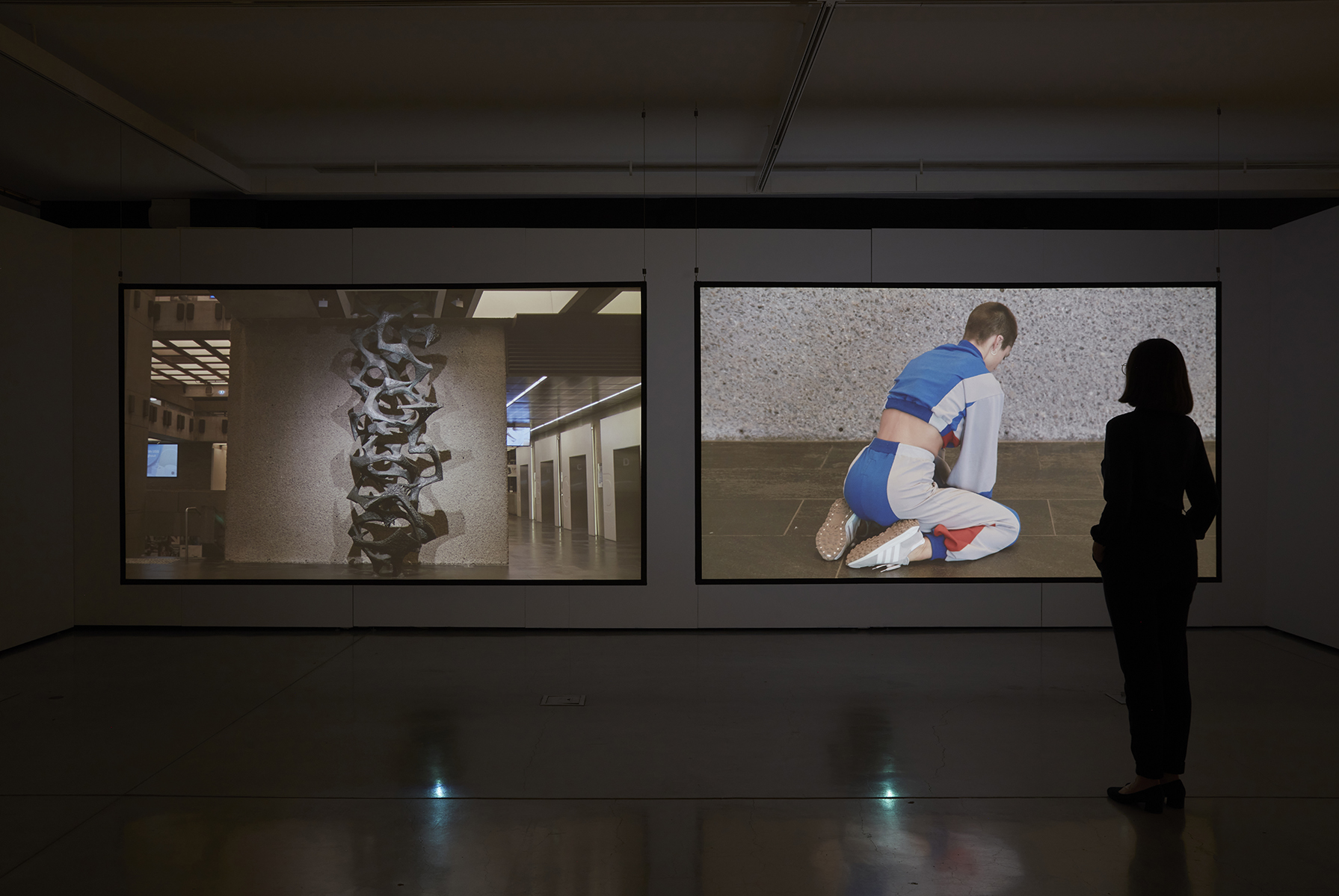 Diana Baker Smith, She speaks in Sculpture, Two channel 4K video, installation view. UTS Gallery, 2022. Photo: Zan Wimberley