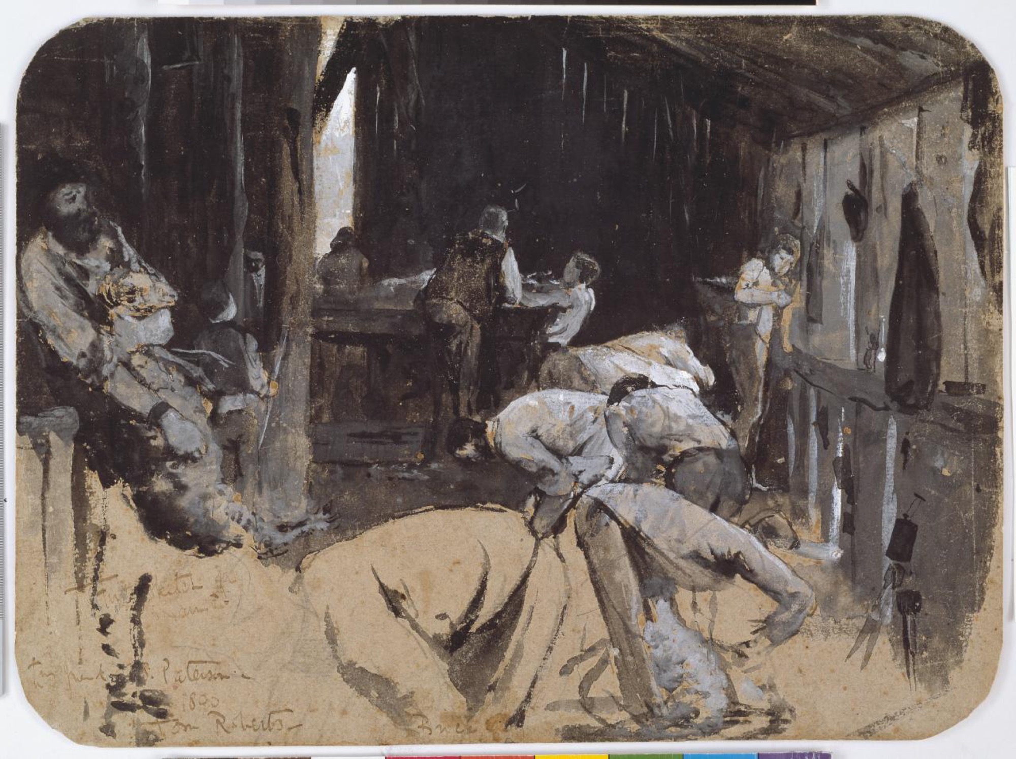 Tom Roberts, <em>First sketch of Shearing the rams</em> (1888), gouache and pencil on brown paper on cardboard, 22.0 x 29.9 cm, National Gallery of Victoria, Purchased 1974.