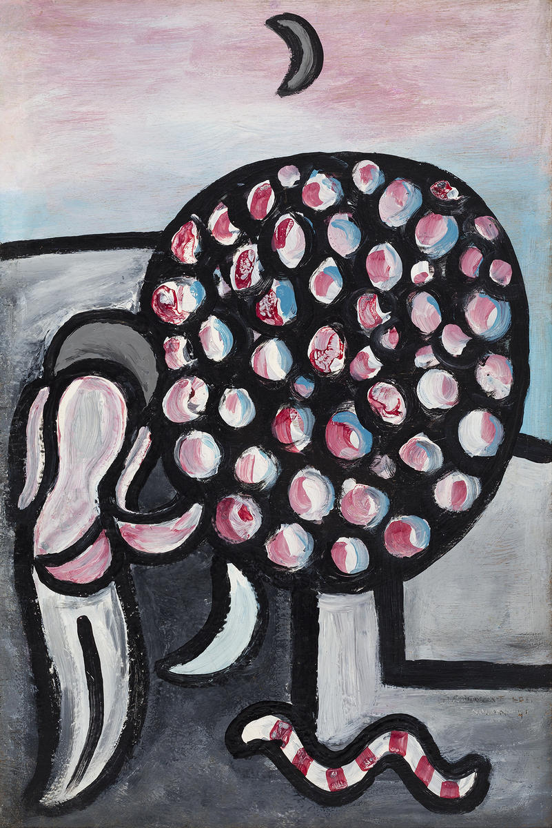 Sidney Nolan, <em>Woman and Tree (Garden of Eden)</em>, 1941, enamel and commercial silver paint on plywood, 38 x 25.5 cm. Bequest of John and Sunday Reed 1982. Sidney Nolan Trust.