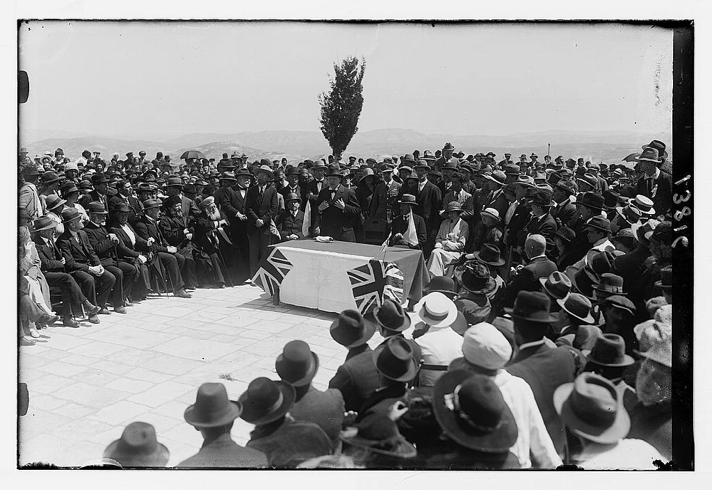 Winston Churchill speaking at the tree planting ceremony on the future site of the Hebrew University in Jerusalem 28 March, 1921. American Colony Photo Dept. / Library of Congress.