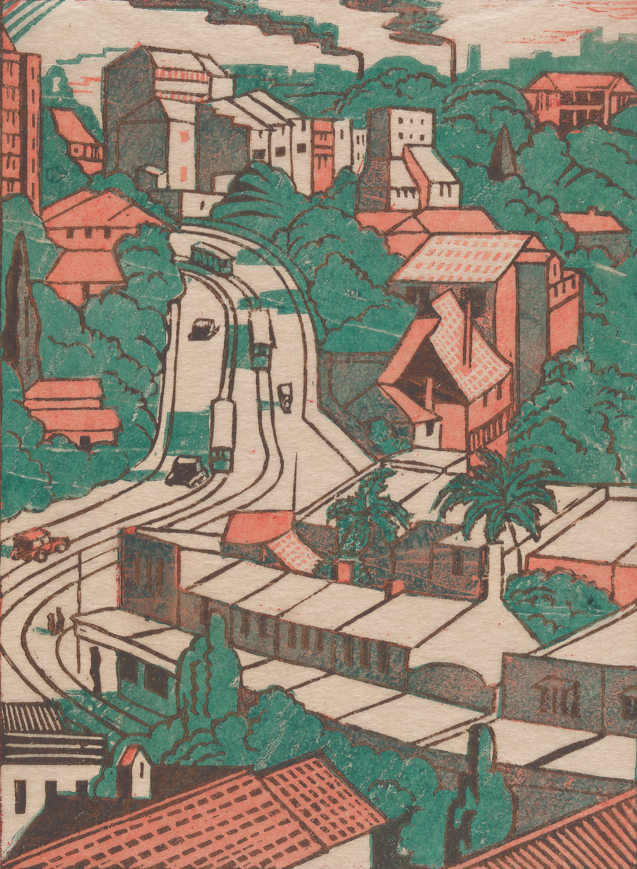 Eveline Syme, <em>Sydney tram line</em>, 1936, linocut, printed in colour inks, from four blocks, National Gallery of Australia, Kamberri/Canberra. Purchased 1979.<br />
© Estate of Eveline Syme