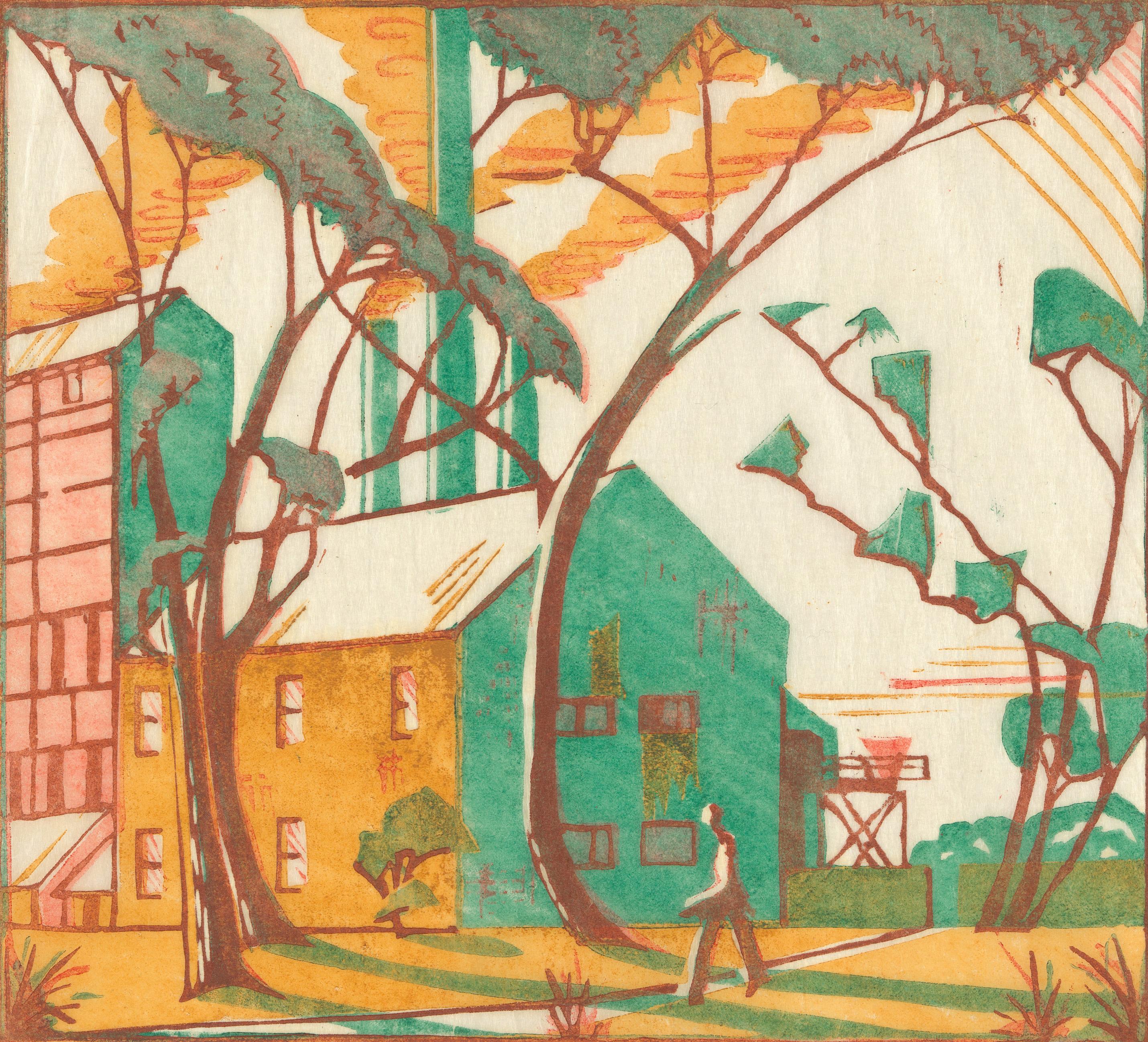 Eveline Syme, <em>The factory</em>, 1933, colour linocut, printed in colour inks, from four blocks. National Gallery of Australia, Kamberri/Canberra. Purchased 1979.<br />
© Estate of Eveline Syme