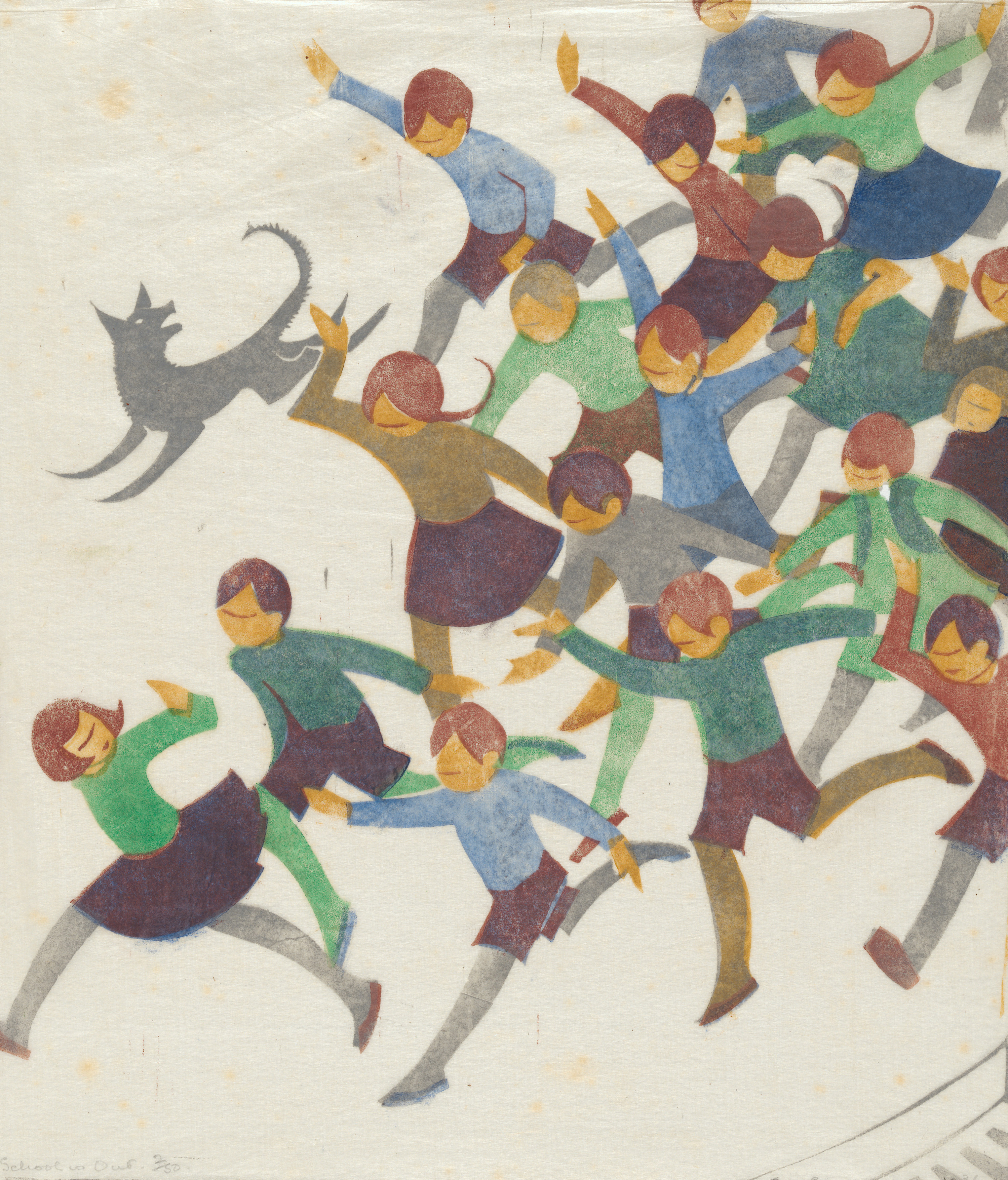 Ethel Spowers, <em>School is out</em>, 1936, linocut, printed in colour inks, from five blocks. National Gallery of Australia, Kamberri/Canberra. Purchased 1976