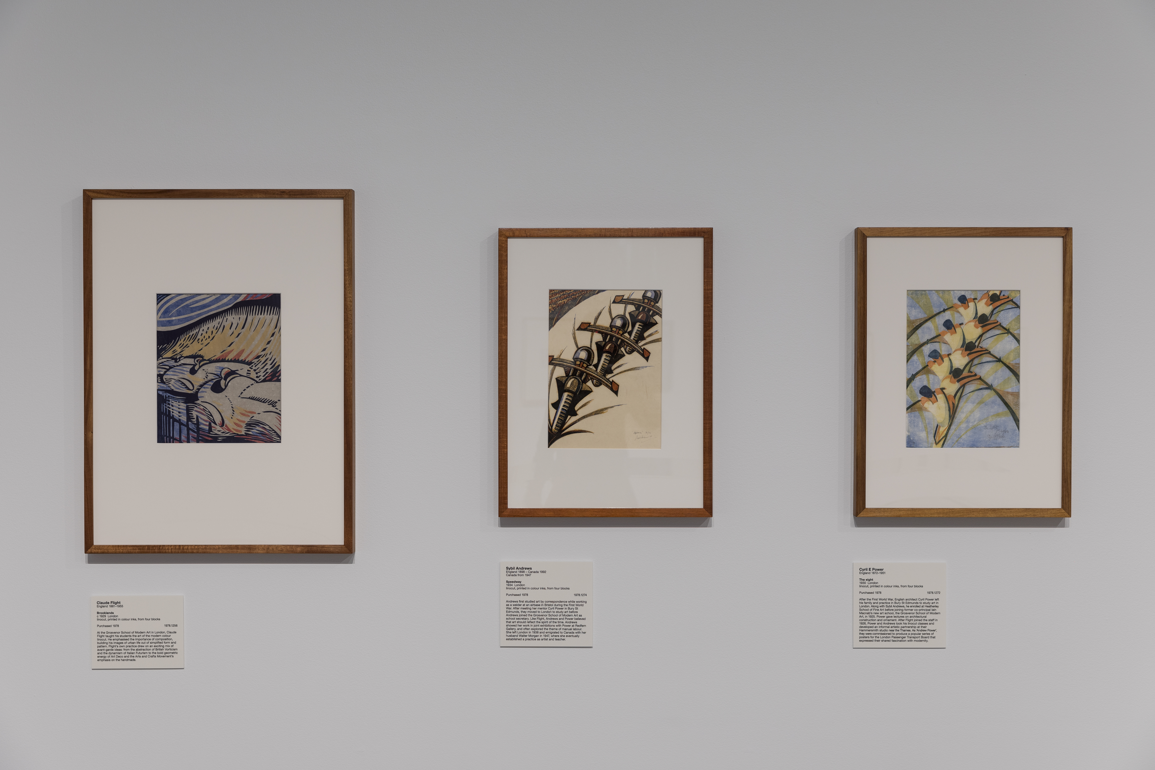 Artworks by Claude Flight (left), Sybil Andrews (centre) and Cyril Power (right) in <em>Spowers &amp; Syme</em>, installation view. Courtesy of Geelong Art Gallery. Photographer: Andrew Curtis