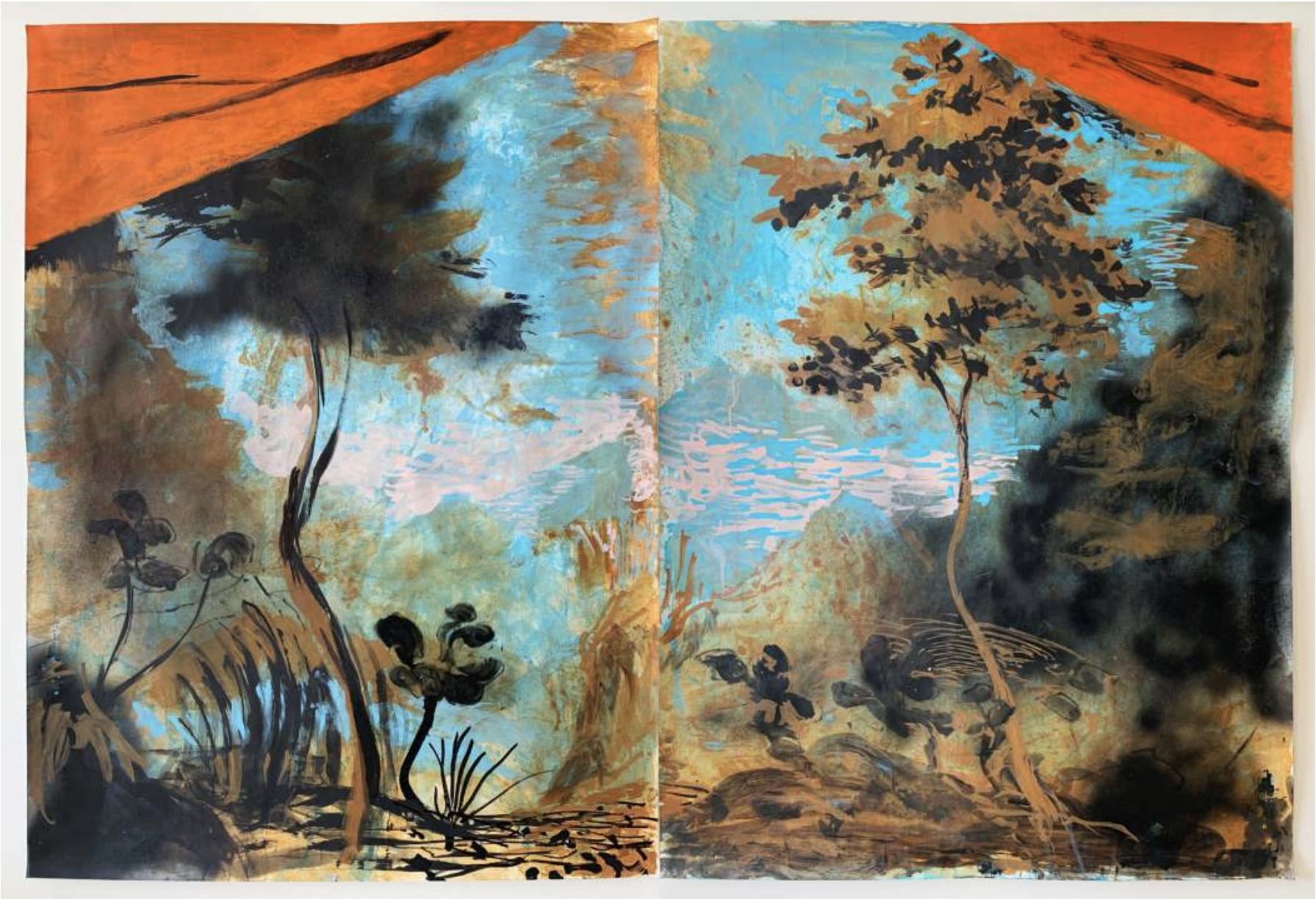424 Murray White Gallery, Melbourne. Tony Clark, <em>Bühnenbild with Two sections from Clark’s Myriorama</em> (diptych) 2023, synthetic polymer and permanent marker ink on paper, 99.5 x 149 cm (overall), 99.5 x 74.5 cm (each sheet)