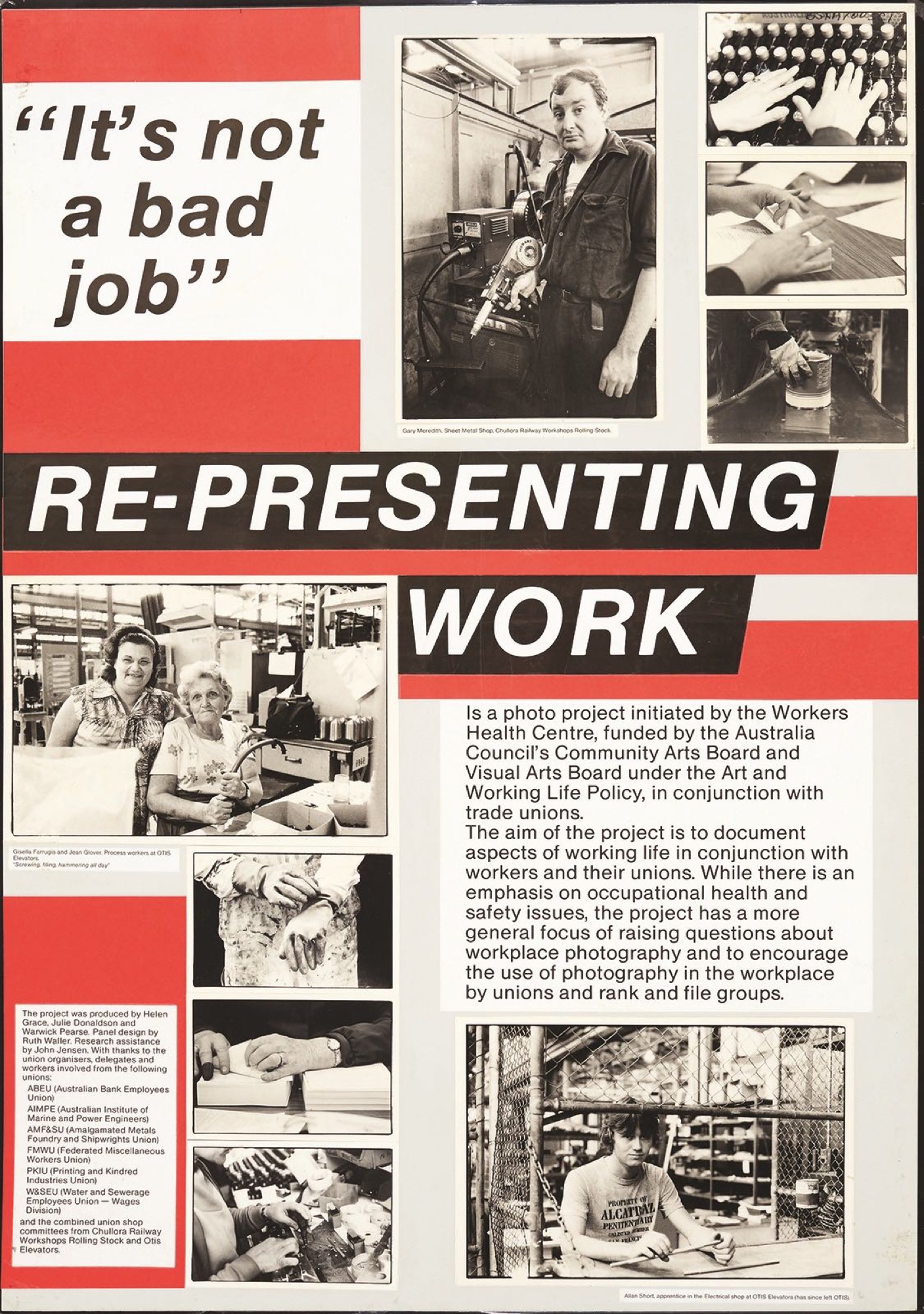 Julie Donaldson, Helen Grace and Warwick Pearse, <em>&#39;It&#39;s not a bad job&#39;: Re-presenting work,</em> 1984, Laminated photo panels. Collection of Workers Health Centre. Image courtesy of The Ian Potter Museum of Art.