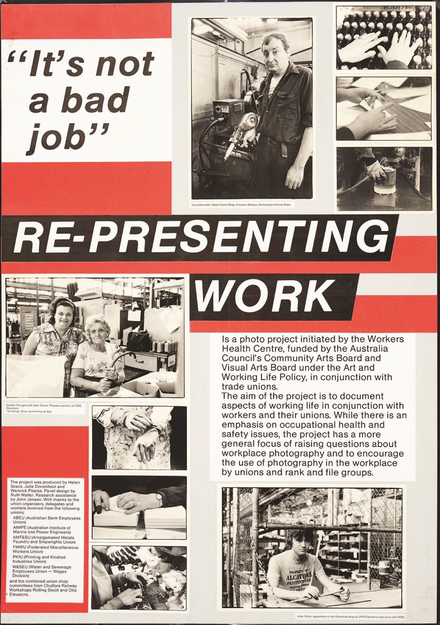 Julie Donaldson, Helen Grace and Warwick Pearse, <em>'It's not a bad job': Re-presenting work,</em> 1984, Laminated photo panels. Collection of Workers Health Centre. Image courtesy of The Ian Potter Museum of Art.