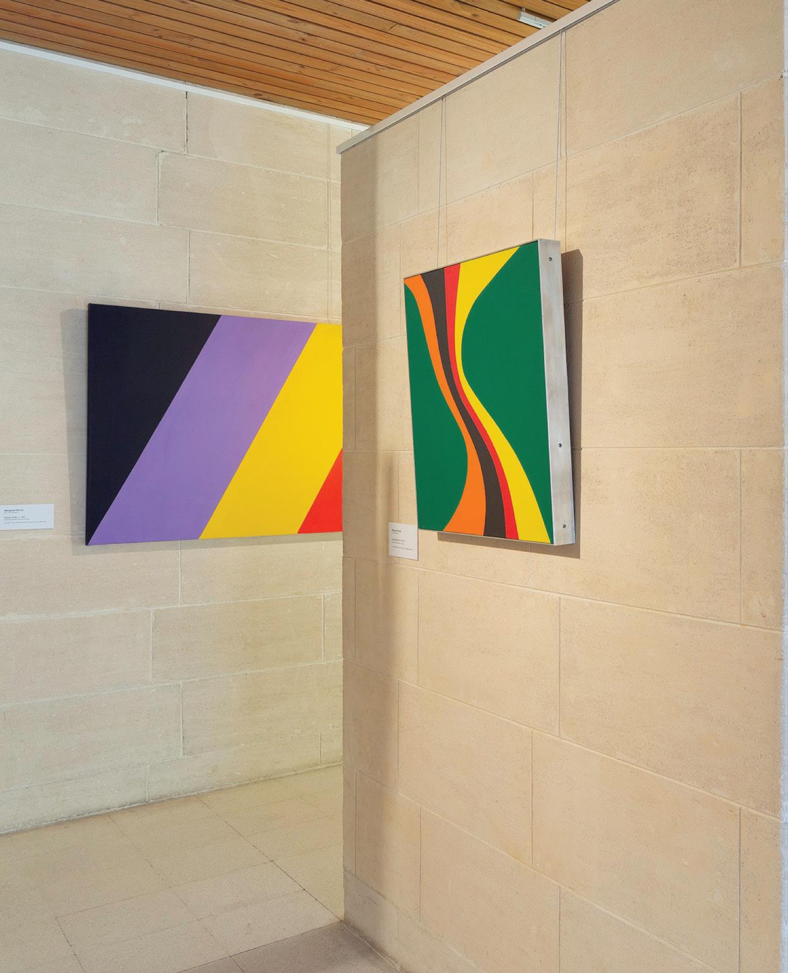 Installation view featuring Margaret Worth, <em>Sukhavati No. 4,</em> 1967 (foreground) <em>Genus 0 No. 1,</em>1967 (background), <em>Sweeney Reed and Strines</em> Gallery, Heide Museum of Modern Art 2018. Photograph: Christian Capurro.