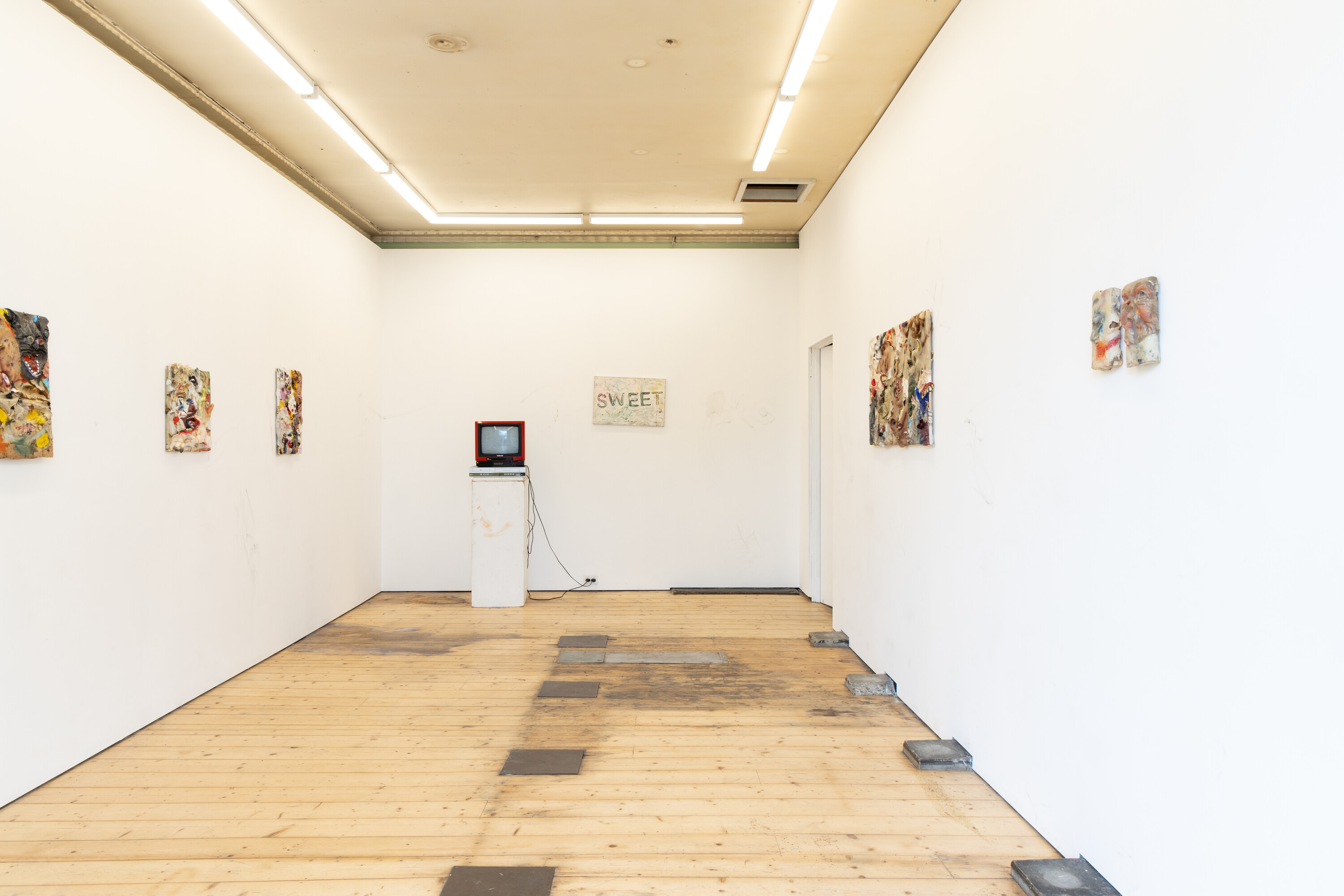 <p>Installation view of Ben Hughes, <em>Sweet</em>. Left to right, <em>Circus Crystal </em>2024, 40 X 40cm, Latex, silicone, oil paint, enamel and glass on wood board. <em>The Boys </em>2024, 37 X 52cm, Latex, silicone, oil paint, ink on wood board. <em>Untitled </em>2024, Dimensions variable, vintage Nation TV, LG VCR player, Las Vegas video (duration 20:00 mins). <em>$weet Pussy </em>2024, 60 X 40cm, Oil paint and carbon residue on canvas. <em>Glass of 2024 </em>2024. 112 X 60cm, Latex, silicone, oil paint on wood board. <em>Untitled </em>2024, 12 X 21cm, Latex, silicone, oil paint on wood. <em>Untitled </em>2024, 12 X 21cm, Latex, silicone, oil paint on wood. <em>Strawberry. </em>Photo courtesy of: Nicholas Mahady and <em>Strawberry</em></p>