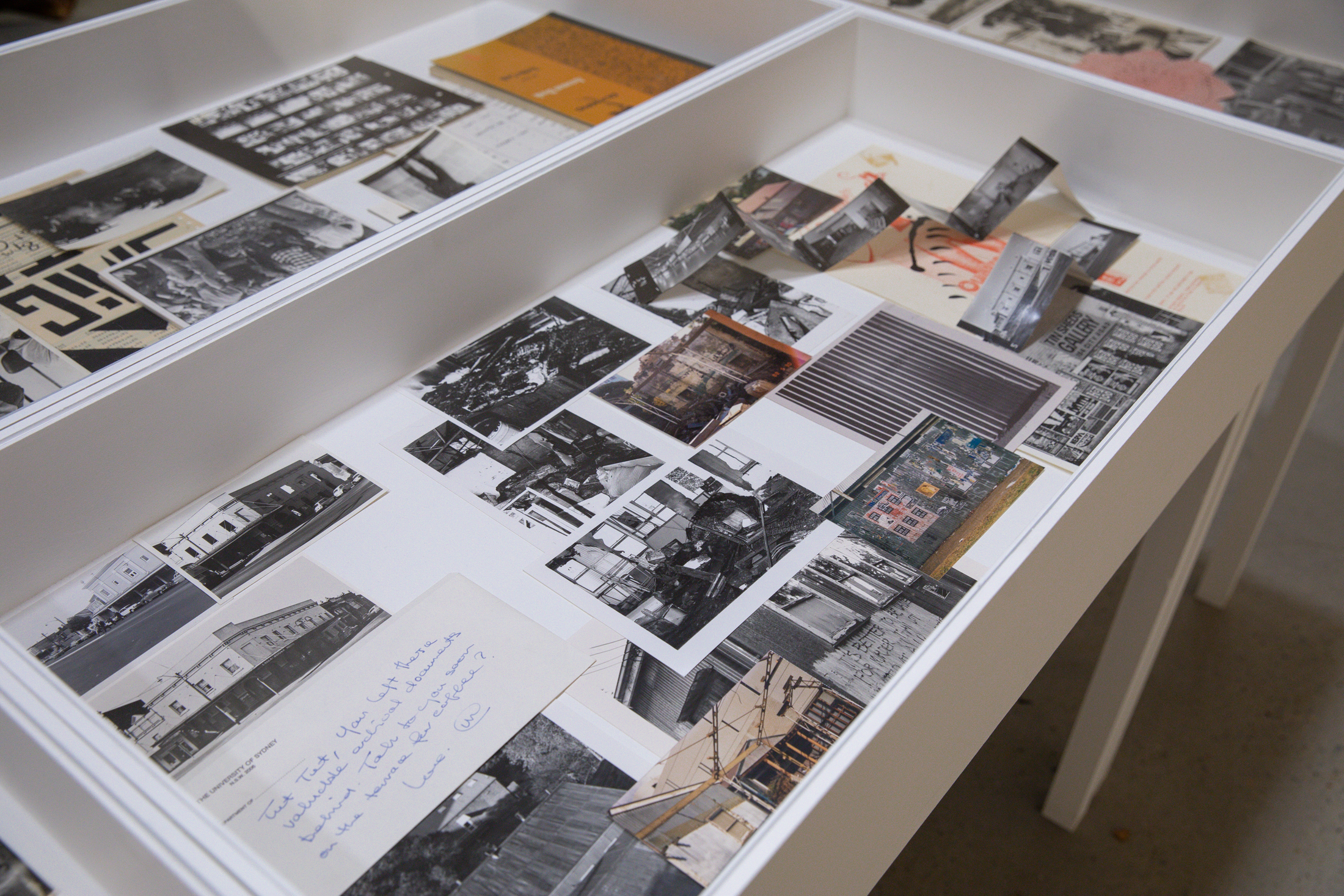 Photos and ephemera from the Tin Sheds Archives. Including photos of the surrounding neighbourhood along City Road before it was claimed and redeveloped by the University. Photo: Maja Baska