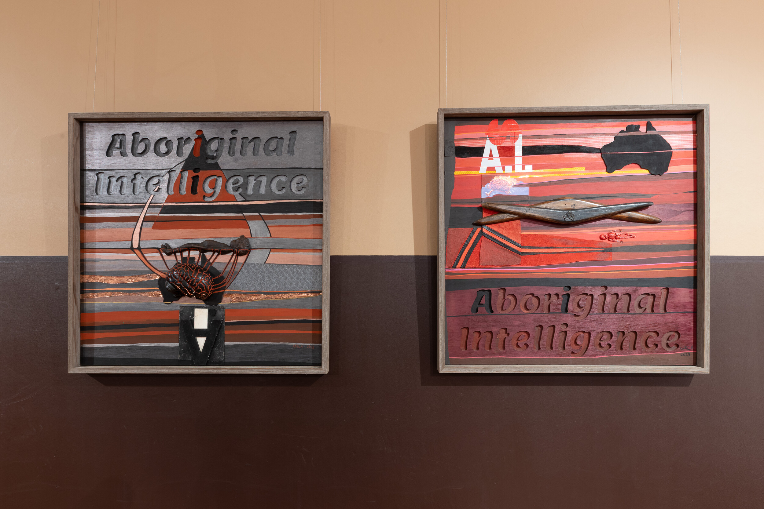 <p>Installation view of Karla Dickens, <em>AI 2</em>, 2023, acrylic and mixed media on board and <em>AI 4</em>, 2023 acrylic and mixed media on board. Both courtesy of the artist and STATION Gallery. Photo: James Henry</p>