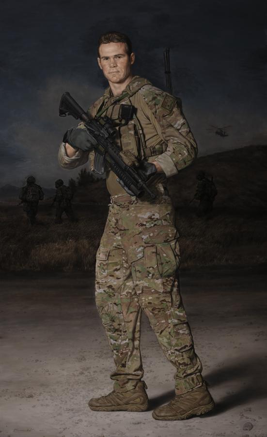Marcus Wills, <em>Corporal Cameron Stewart Baird VC MG</em>, 2021–22, egg tempera and oil on linen, 190 x 118 cm, acquired under commission, 2022.