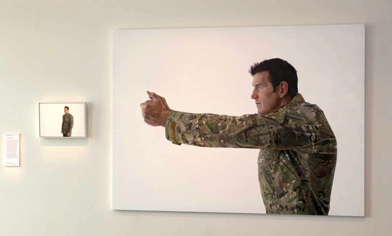 Michael Zavros, <em>Ben Roberts-Smith VC</em>, 2014, oil on canvas, 30 x 42 cm (left) and <em>Pistol grip (Ben Roberts-Smith VC)</em>, 2014, oil on canvas, 160 x 220 cm (right).