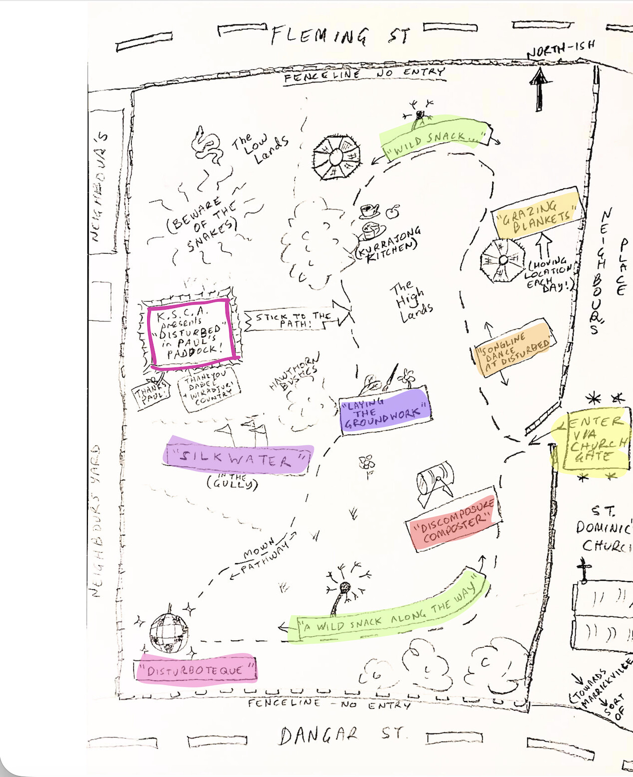 <p>Kandos School of Cultural Adaptation, <em>Disturbed</em> map, Paul’s Paddock, Cementa24, Kandos, 2024. </p>