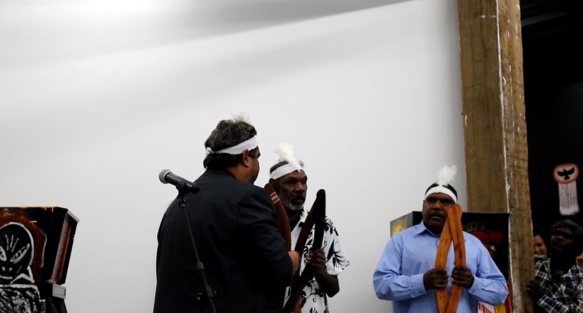 The Tennant Creek Brio, <em>Masonic Warriors</em>, Artspace, performance by Joseph Williams, Fabian Brown and Jimmy Frank Jnr.