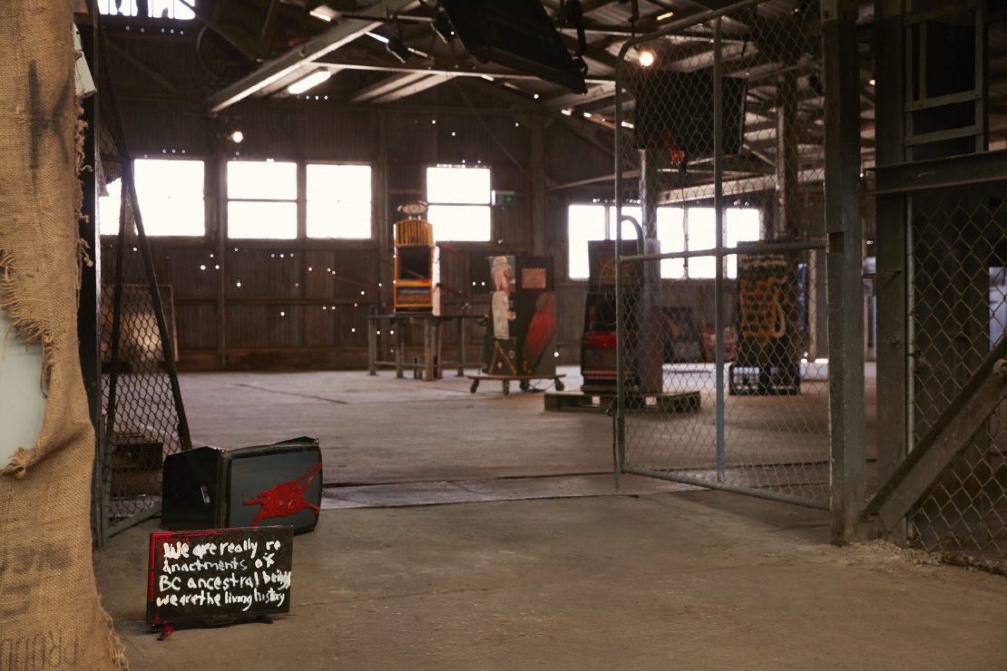 Tennant Creek Brio, We are the Living History, 2020. Installation progress view for the 22nd Biennale of Sydney (2020), Cockatoo Island. Presented at the 22nd Biennale of Sydney with generous support from the Australia Council for the Arts, and generous assistance from Fondation Opale. Courtesy the artists and Nyinkka Nyunyu Art and Culture Centre. Photograph: Zan Wimberley.
