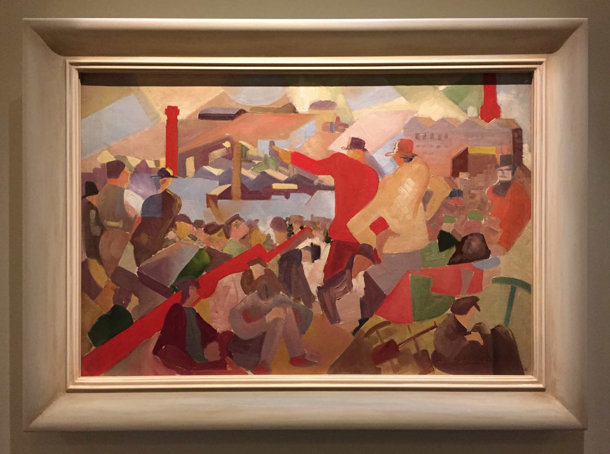 Installation view of Patrick John O’Flaghartie Fingal Harford, <em>Yarra Bank Meeting</em> (originally titled <em>Strife</em>), 1923, oil on canvas, 53.2 x 68.9 cm, State Library of Victoria, Melbourne, Gift of Mr. A. T. Brodney, 1977. Photo: Jessica McElhinney.