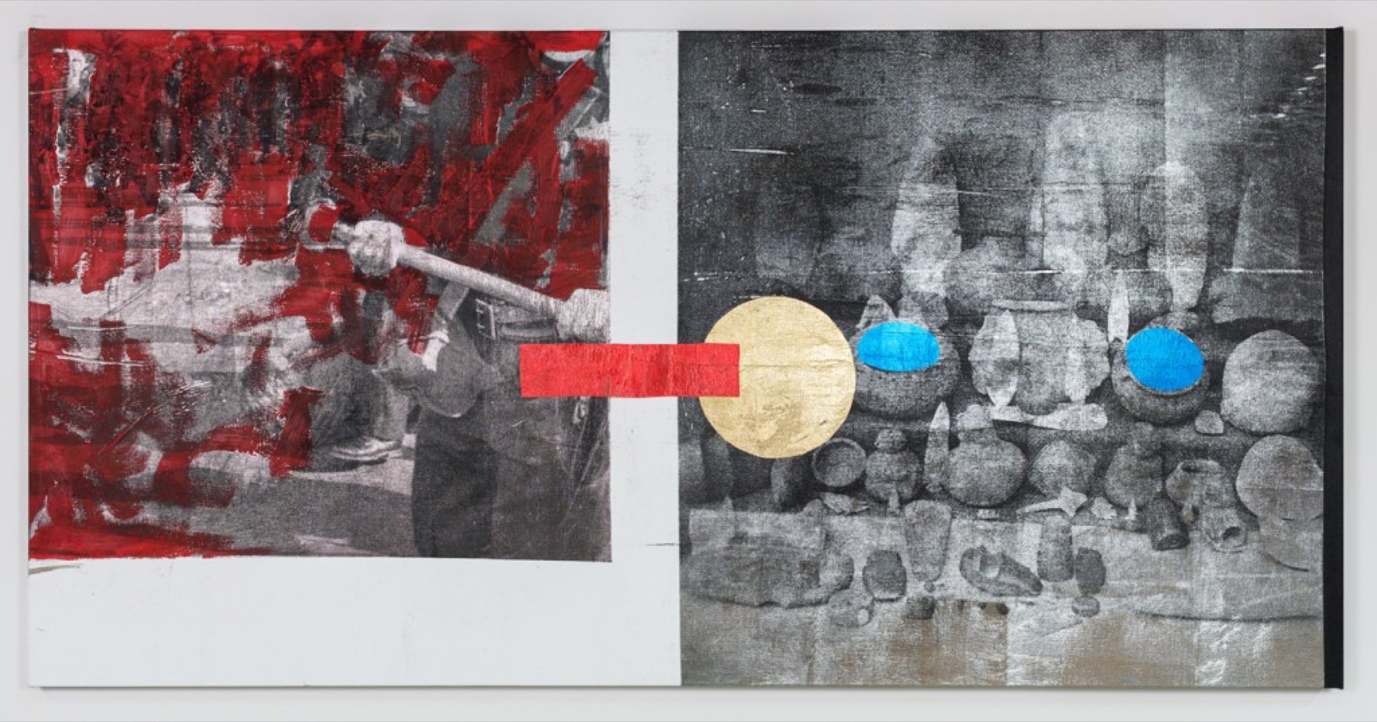 Brook Andrew, <em>Ceramics I</em> 2018, Ink, acrylic paint, linen, 125x250cm. Image courtesy the artist and, Roselyn Oxley9 Gallery, Melbourne.